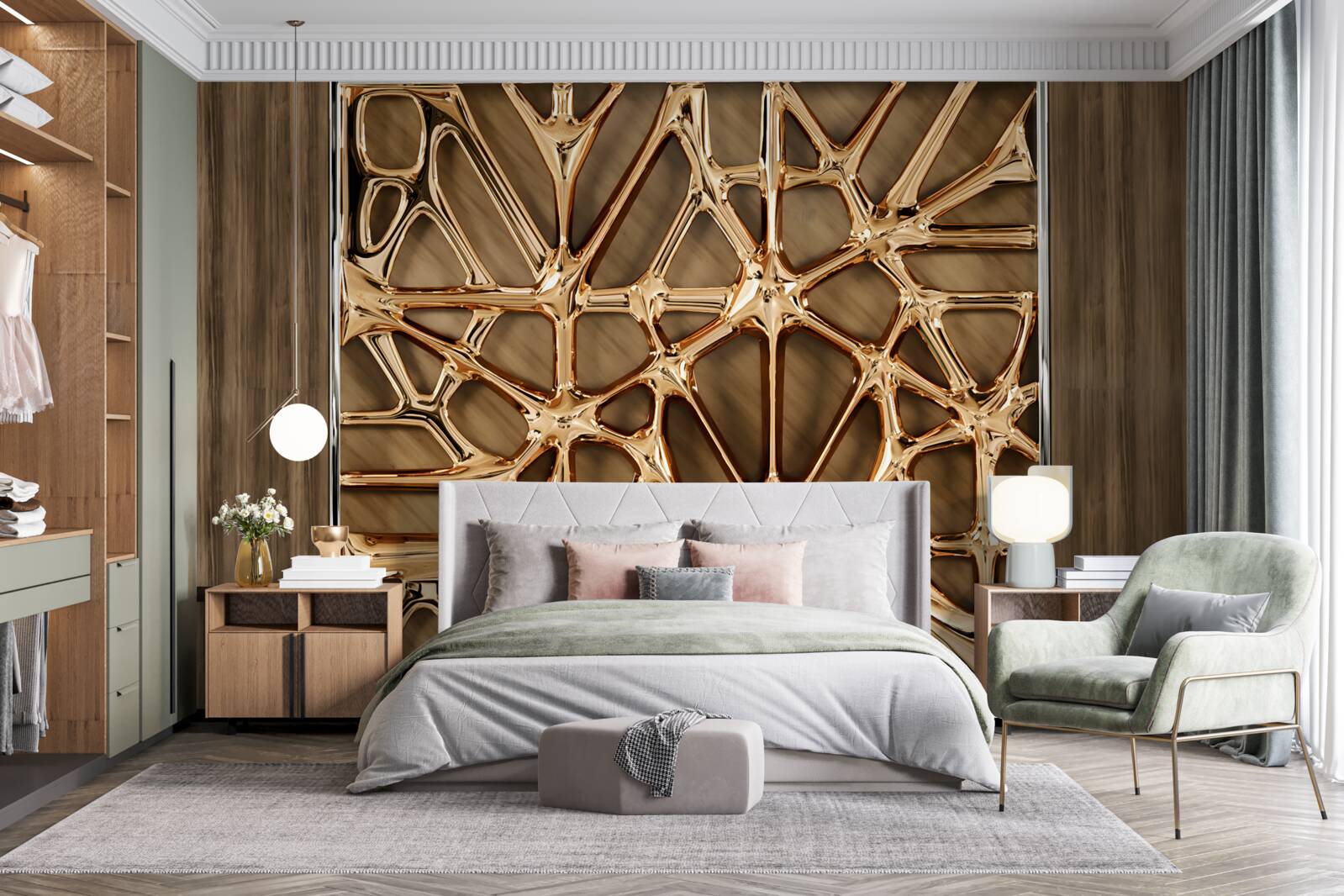 Papier peint lignes abstraites en or sur une surface en bois