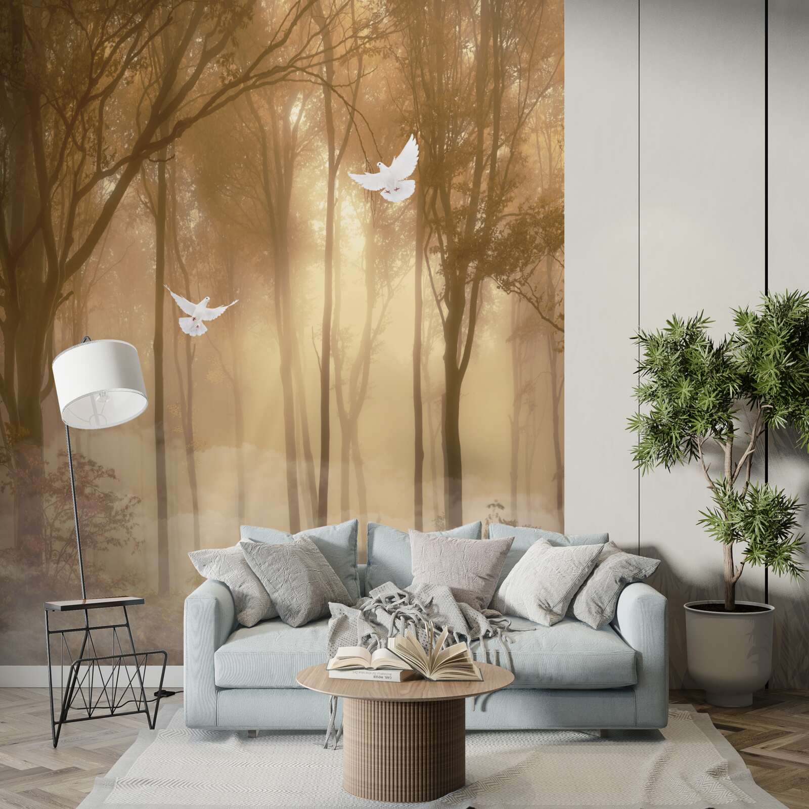 Papier peint des pigeons volants traversent la couverture brumeuse
