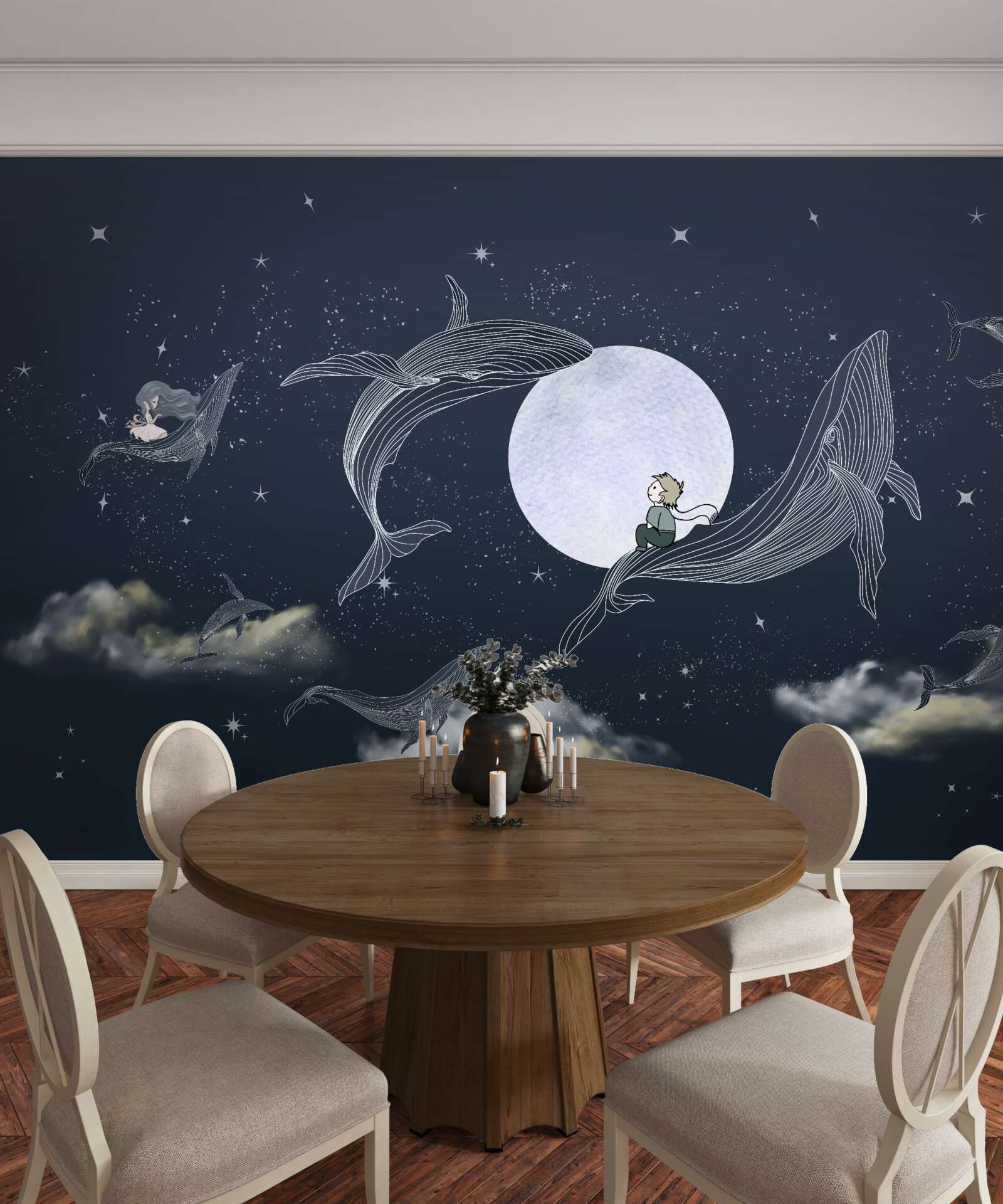 Papier peint baleines la nuit sous la lune
