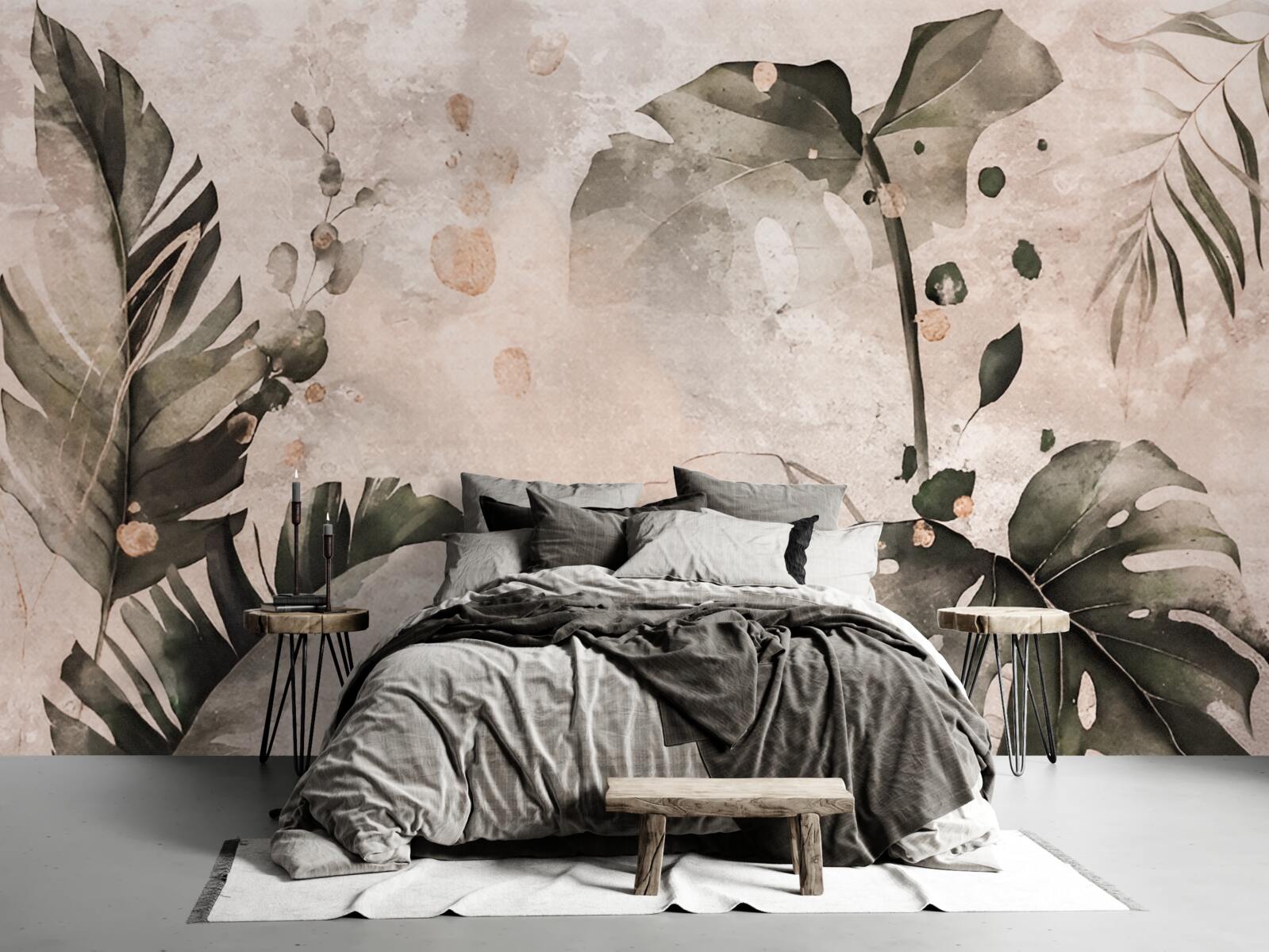 Papier peint aquarelles représentant de grandes feuilles tropicales