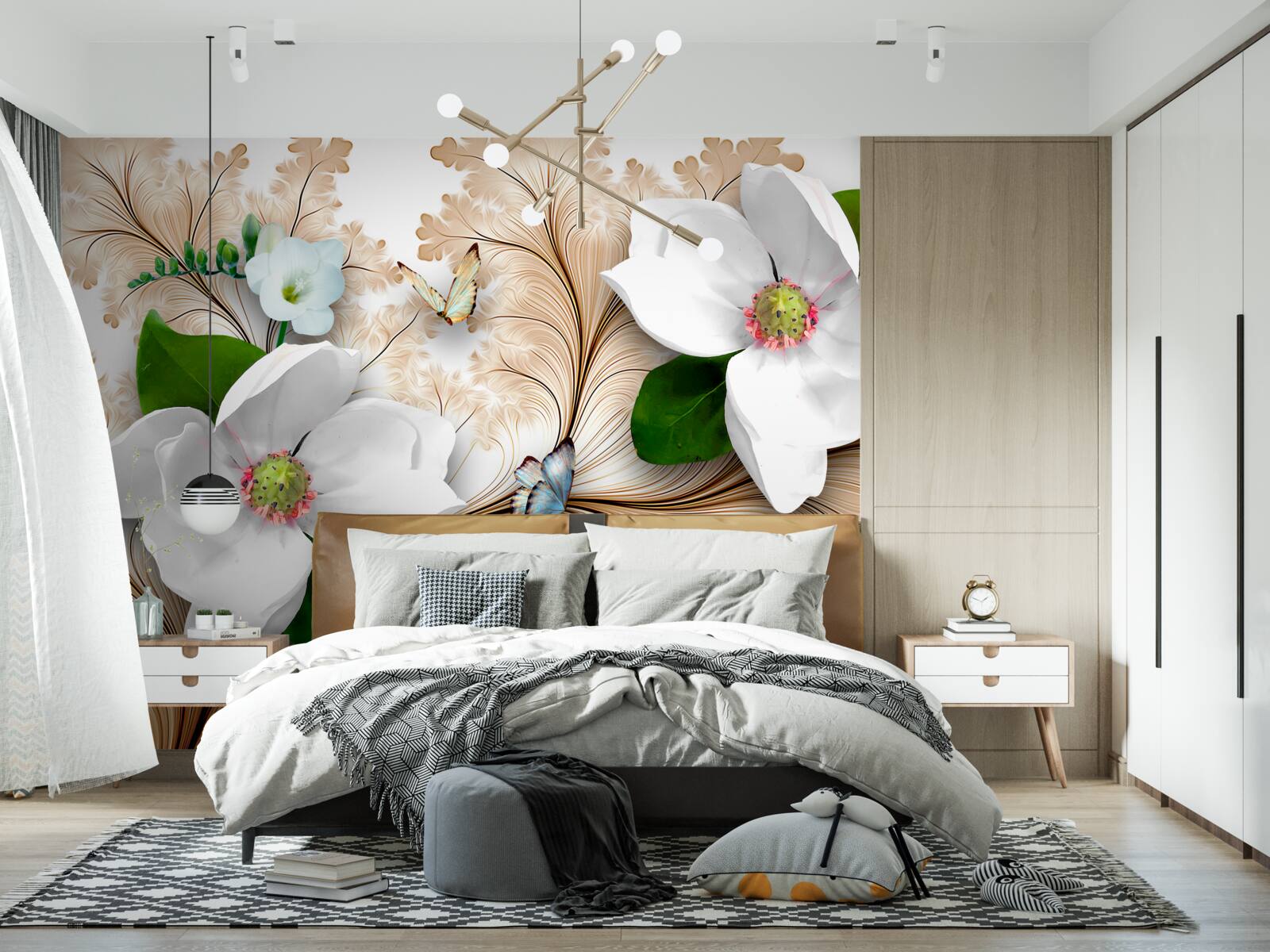 Papier peint fleurs blanches sur fond marron