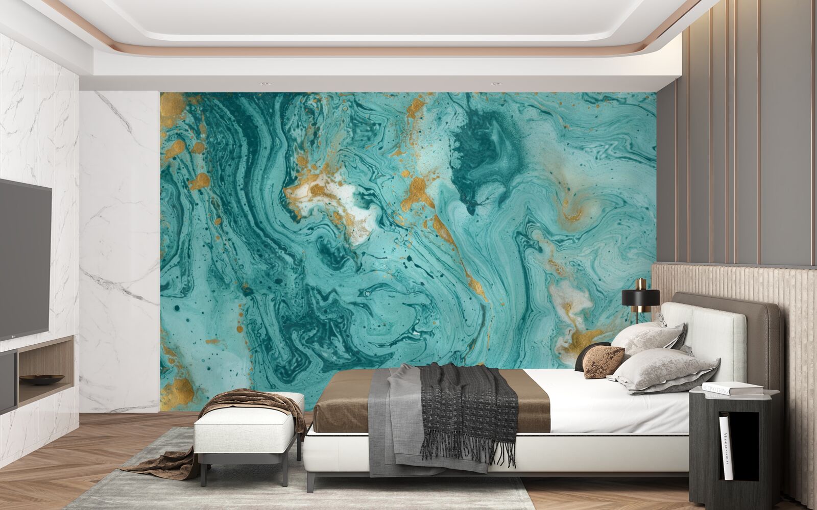 Papier peint motifs bleu clair sur marbre