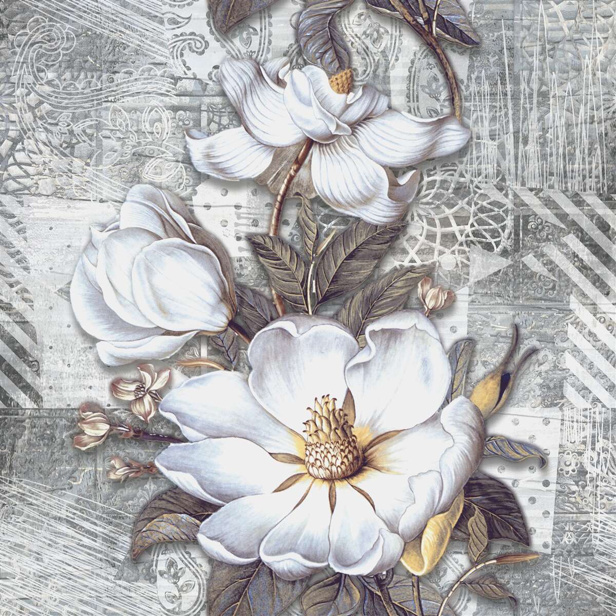Papier peint grandes fleurs blanches sur fond de motifs abstraits