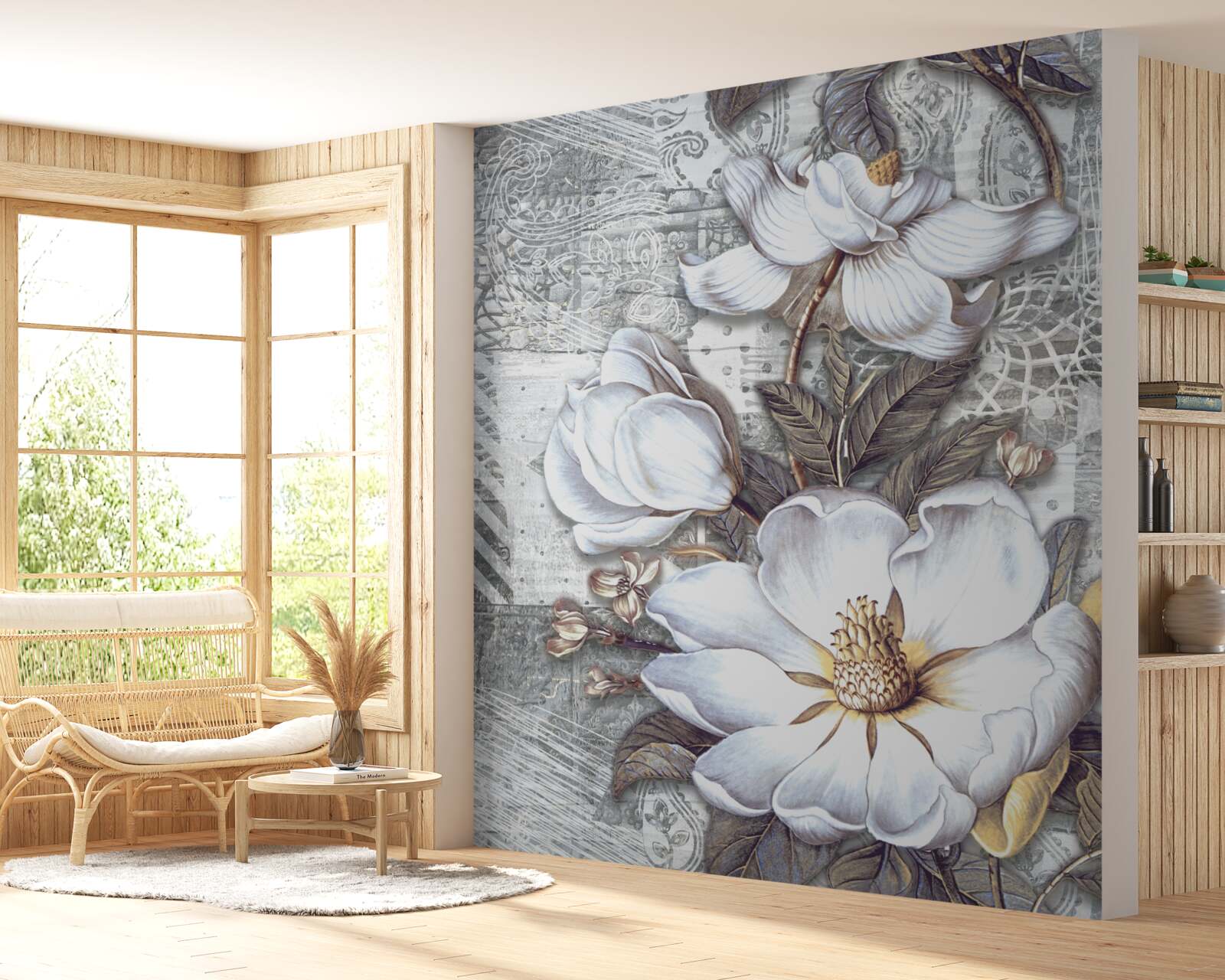 Papier peint grandes fleurs blanches sur fond de motifs abstraits
