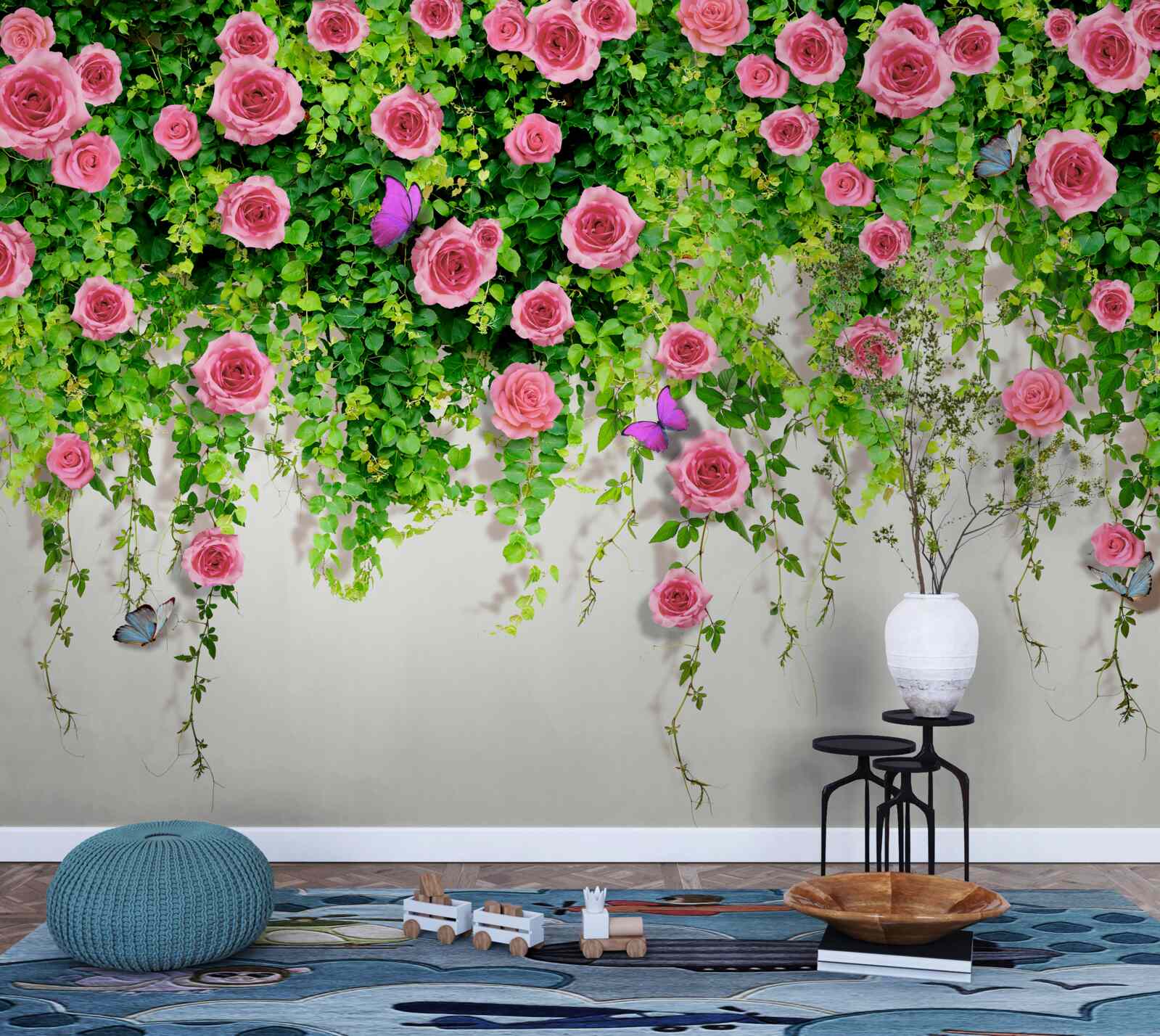 Papier peint roses arbustives d'un rose intense