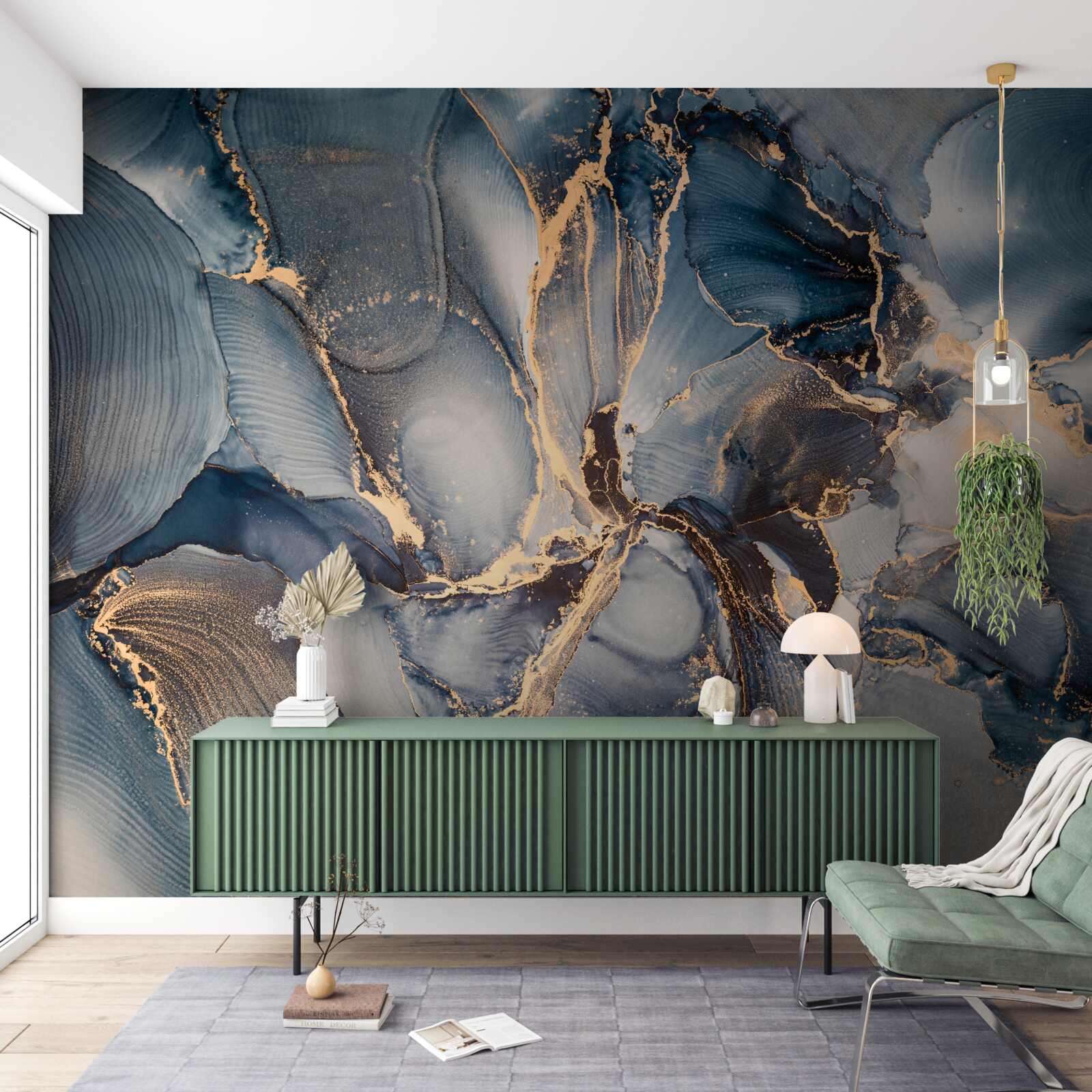 Papier peint marbre dans de riches nuances de bleu et d'or