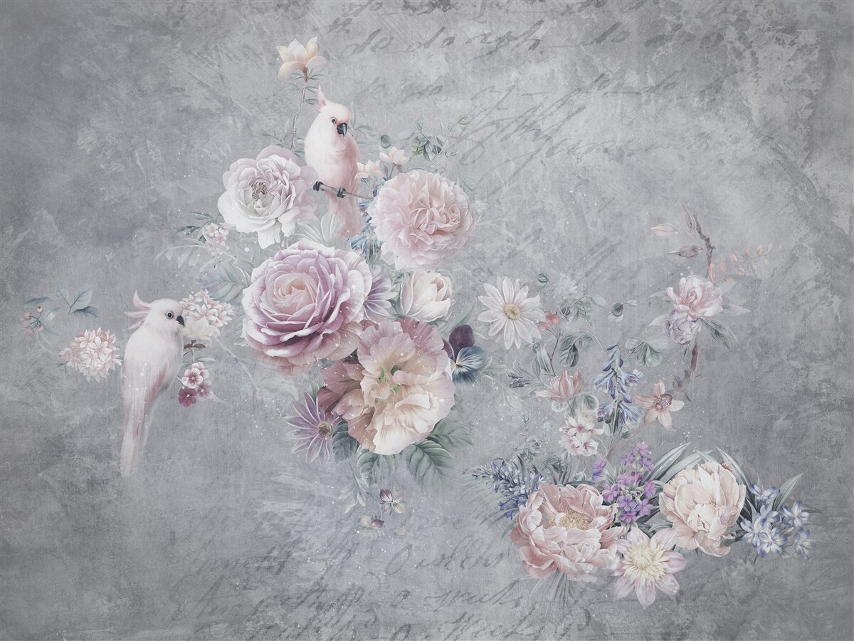 Papier peint bouquet complété par des compositions de perroquets