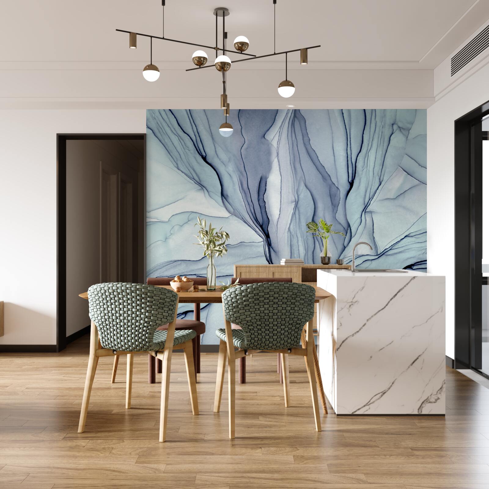 Papier peint motifs bleus sur marbre
