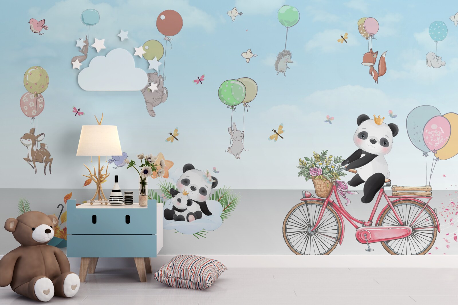 Papier peint ballons avec pandas et autres animaux