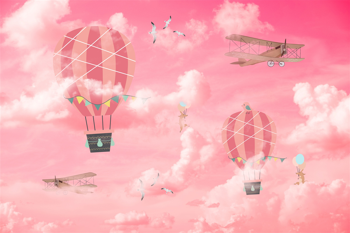 Papier peint sphères d'air sur un ciel rose au coucher du soleil