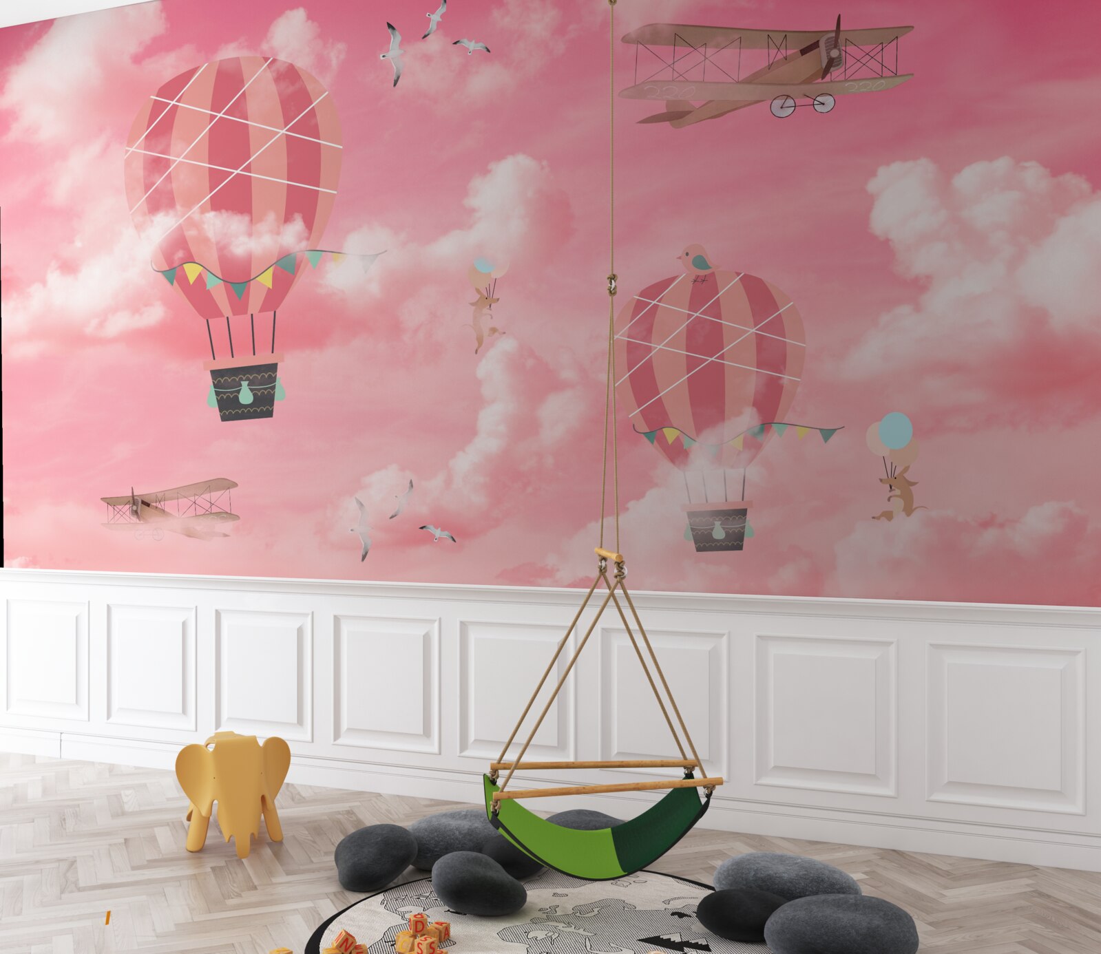 Papier peint sphères d'air sur un ciel rose au coucher du soleil