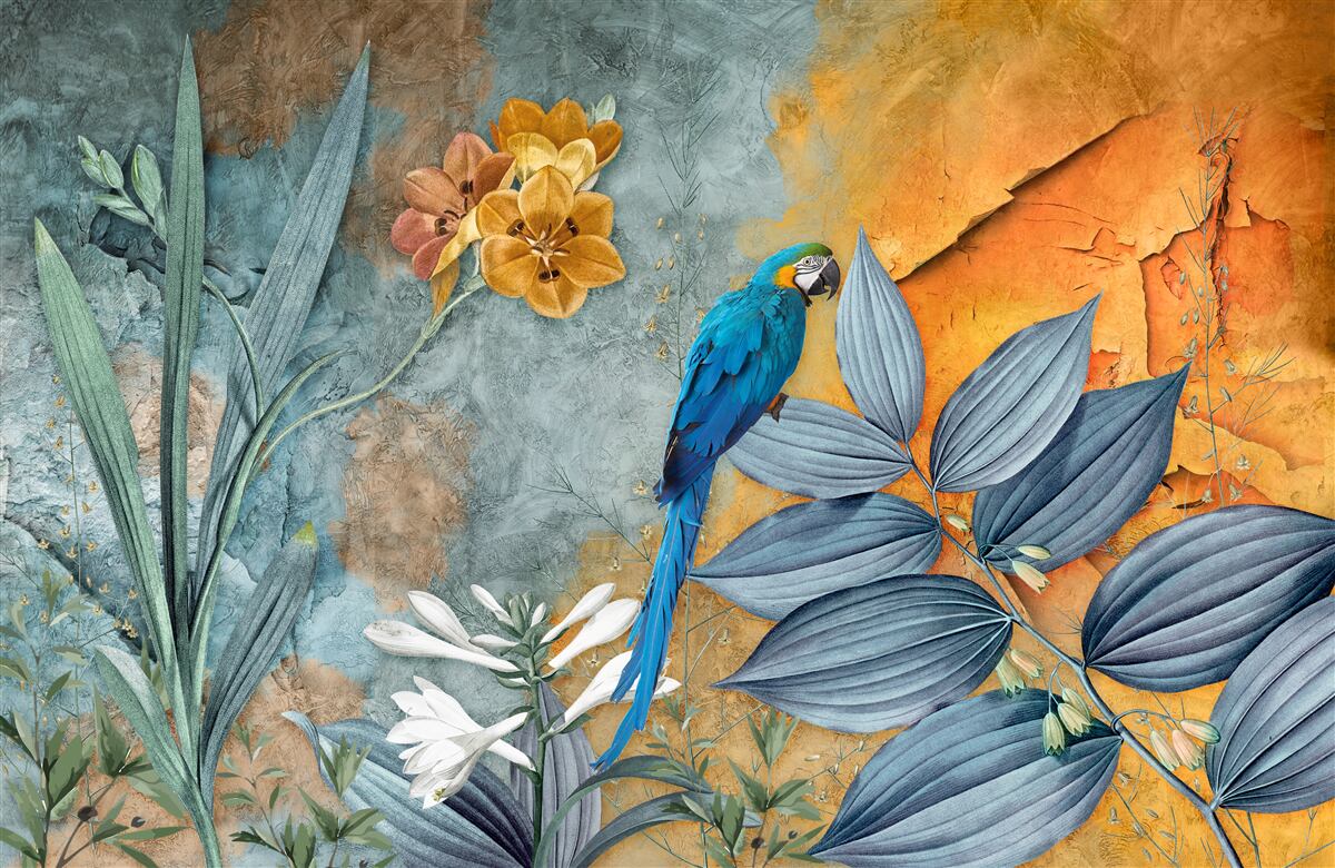 Papier peint peinture abstraite d'un perroquet parmi les feuilles