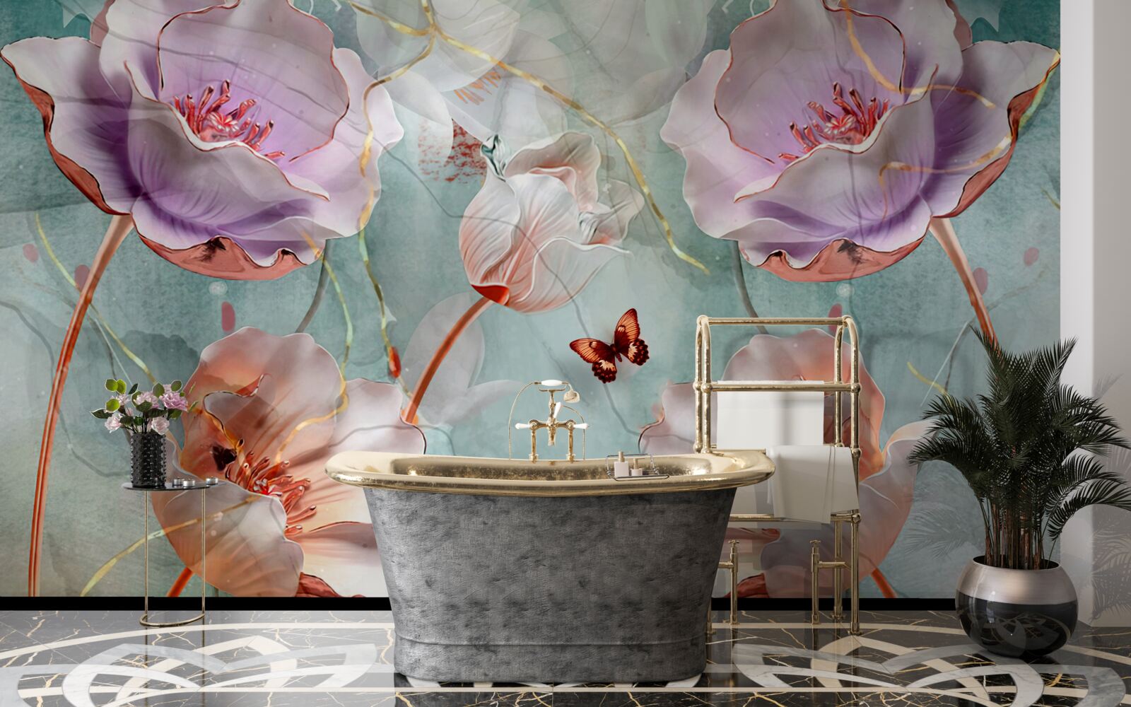 Papier peint divers coquelicots avec papillons flottants