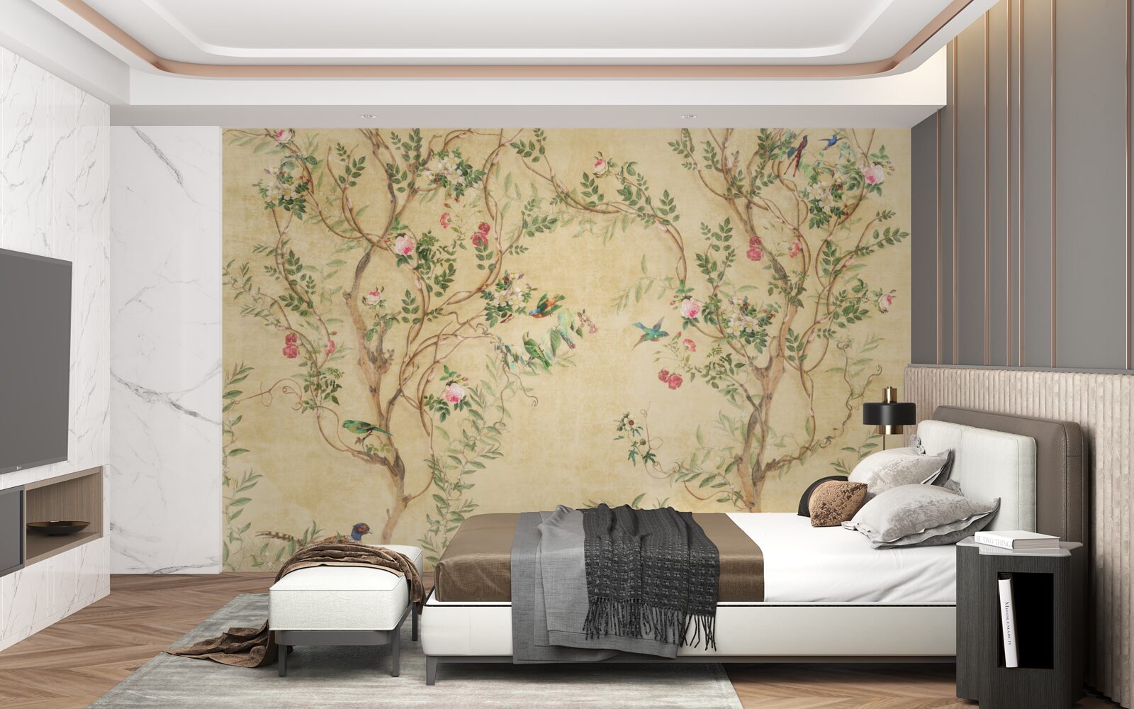 Papier peint arbres et oiseaux au printemps