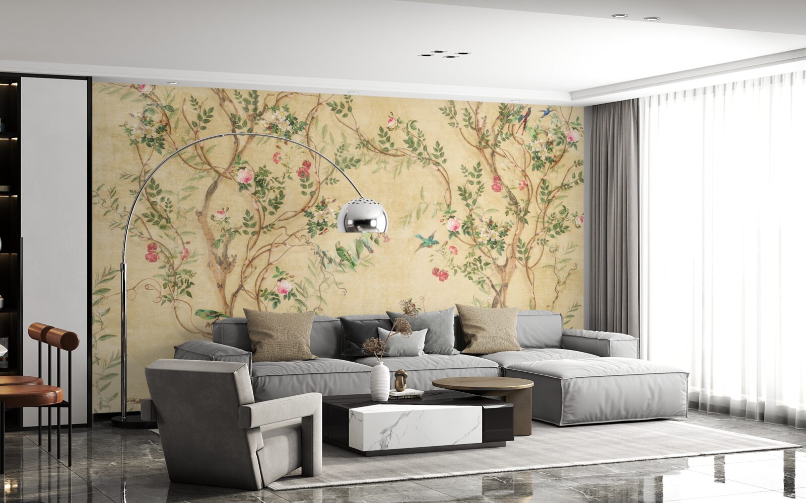 Papier peint arbres et oiseaux au printemps