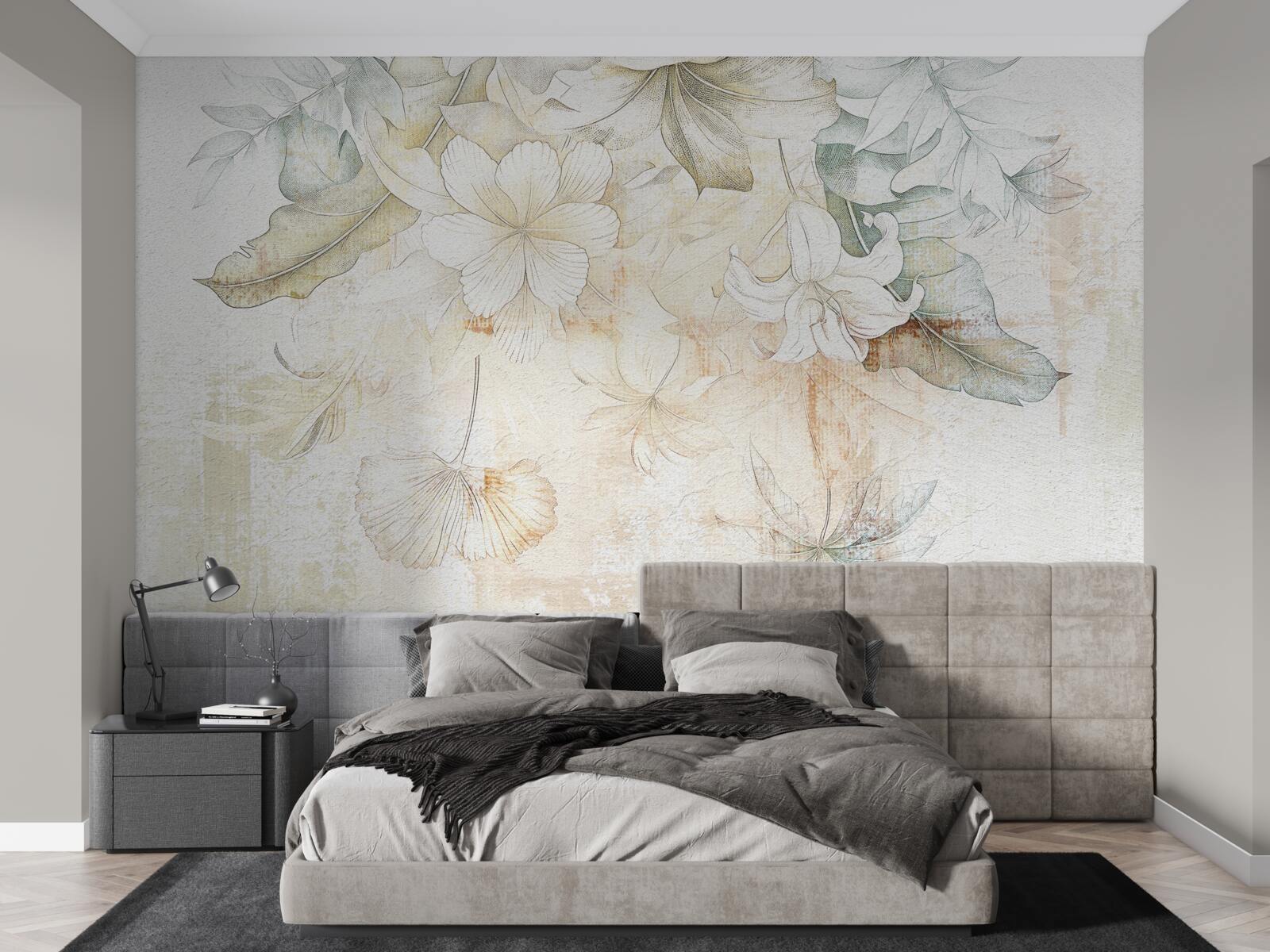 Papier peint feuilles et fleurs tropicales