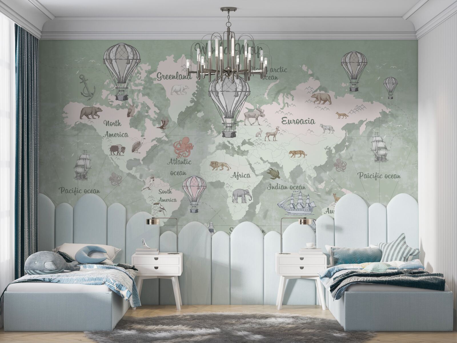 Papier peint carte du monde avec les continents marqués