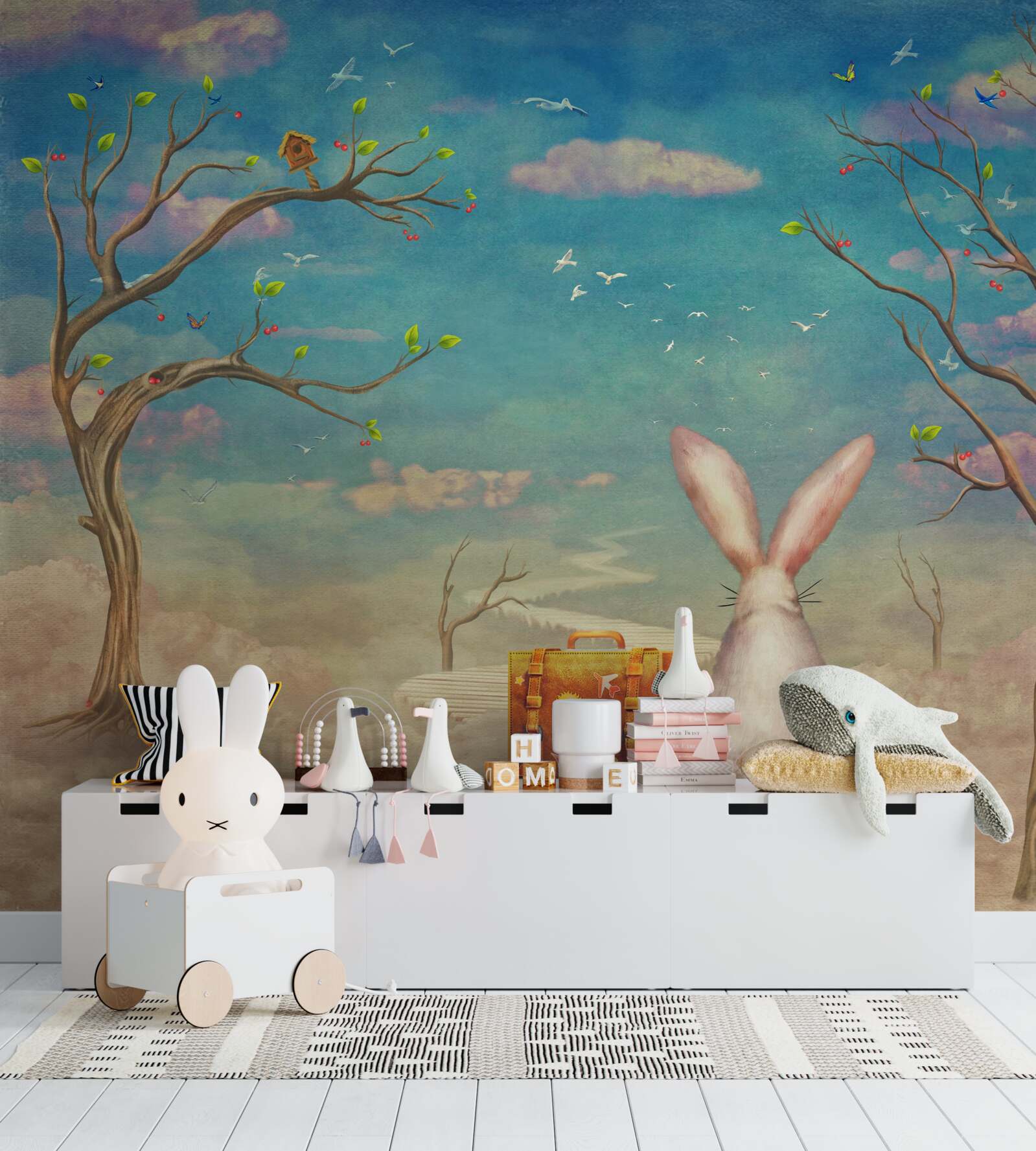 Papier peint un lapin s'assoit sur un banc et attend