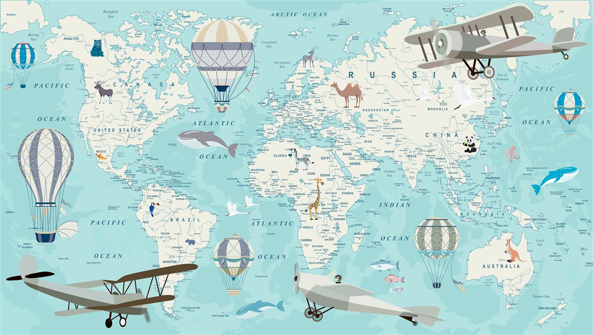 Papier peint carte du monde en nuances de bleu pour un garçon