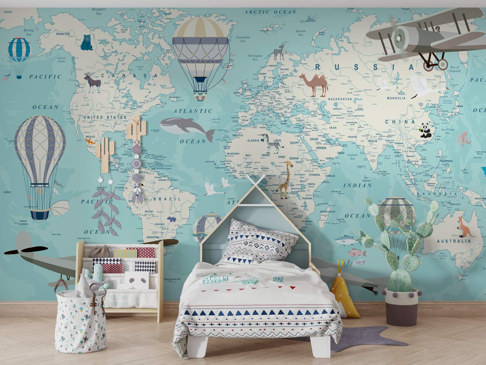 Papier peint carte du monde en nuances de bleu pour un garçon