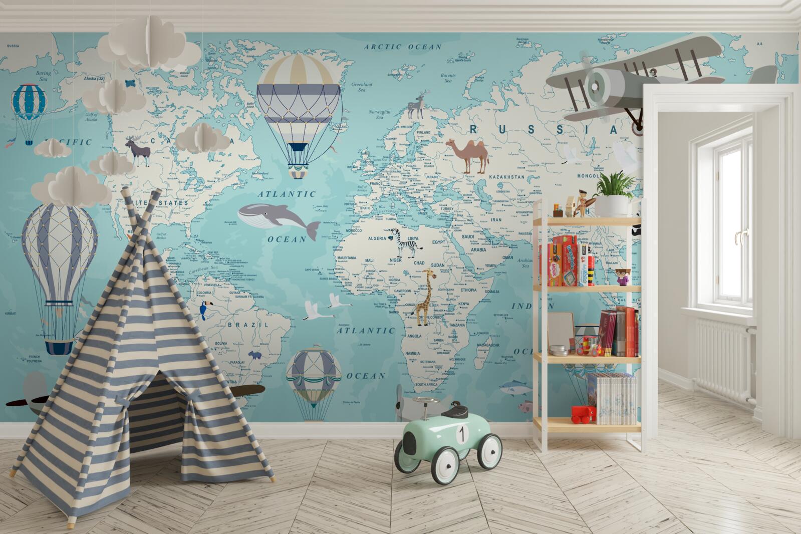 Papier peint carte du monde en nuances de bleu pour un garçon
