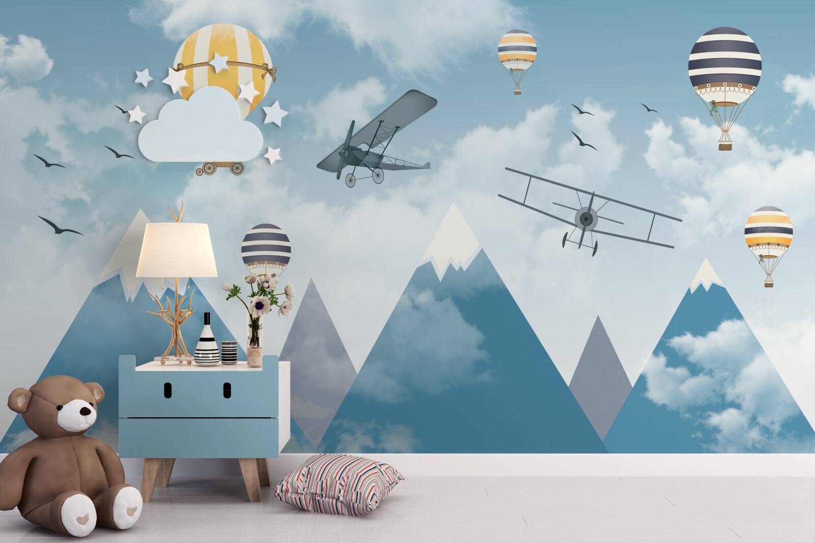 Papier peint vol d'avions et de ballons au-dessus de la chaîne de montagnes