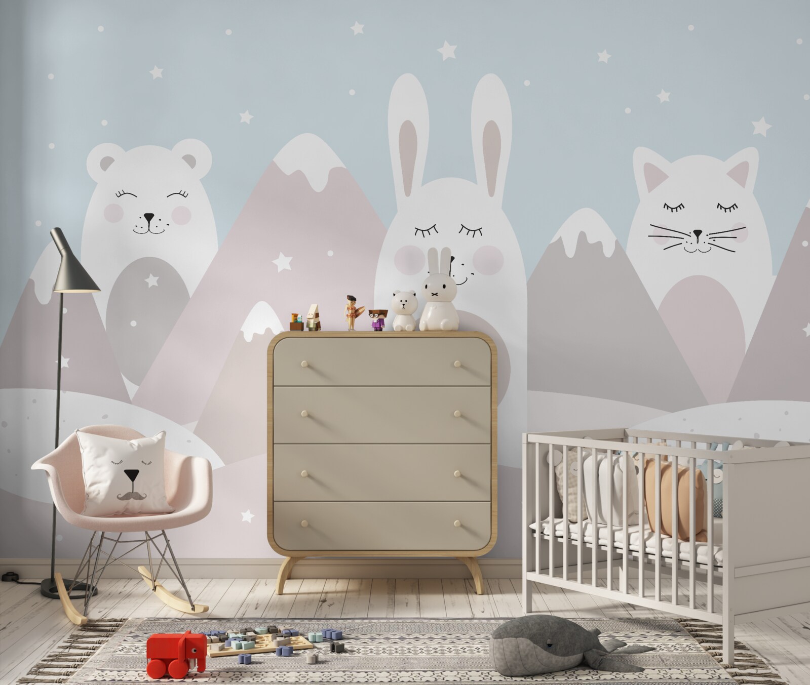 Papier peint lapin et chaton dans les montagnes