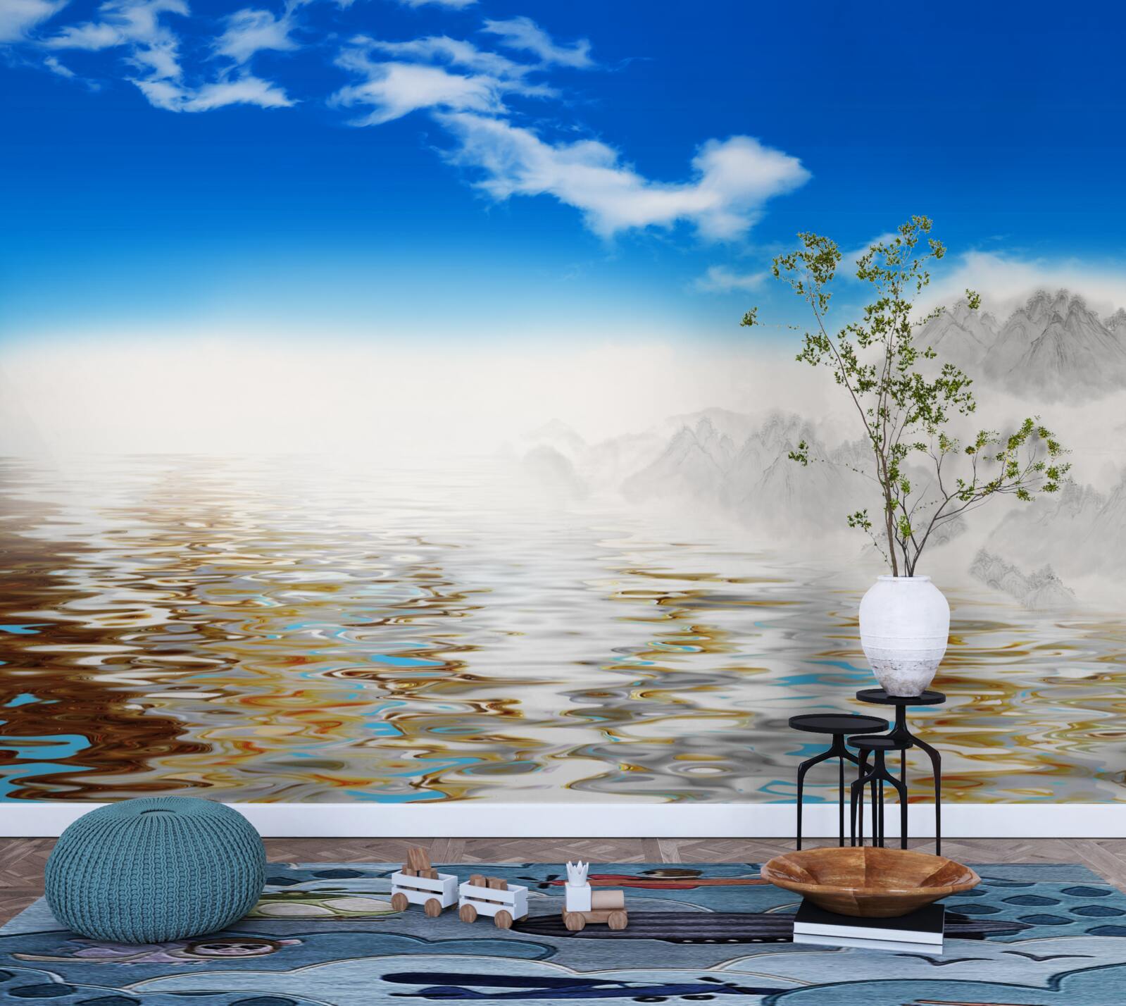 Papier peint l'eau calme sous les montagnes