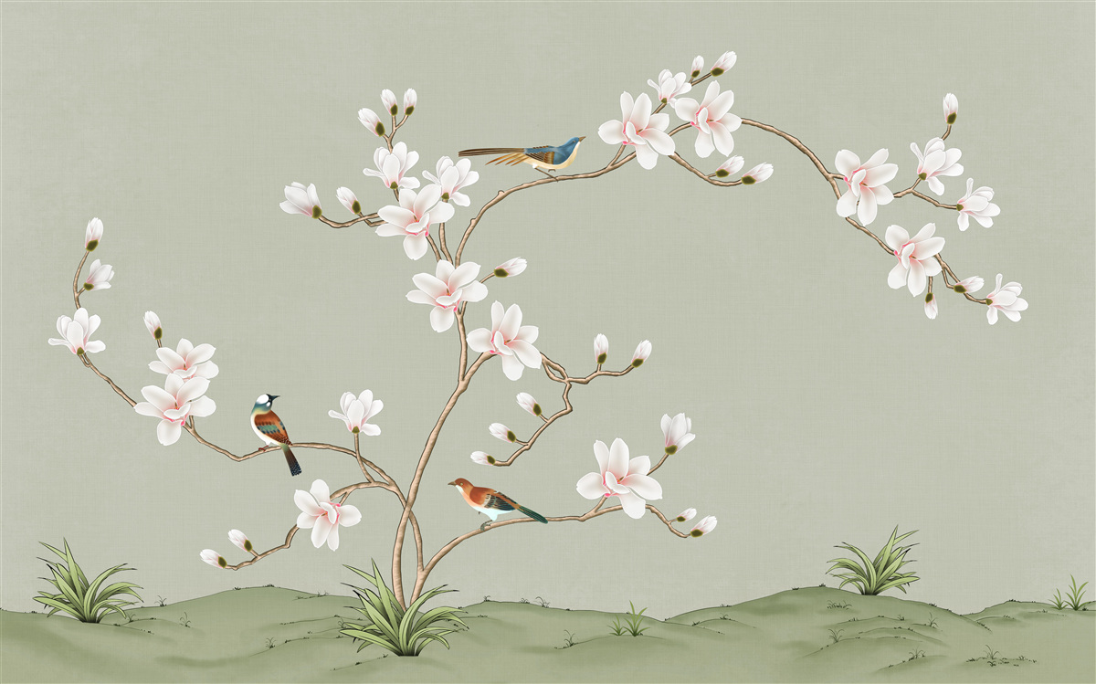 Papier peint arbre élégant décoré de fleurs et entouré d'oiseaux