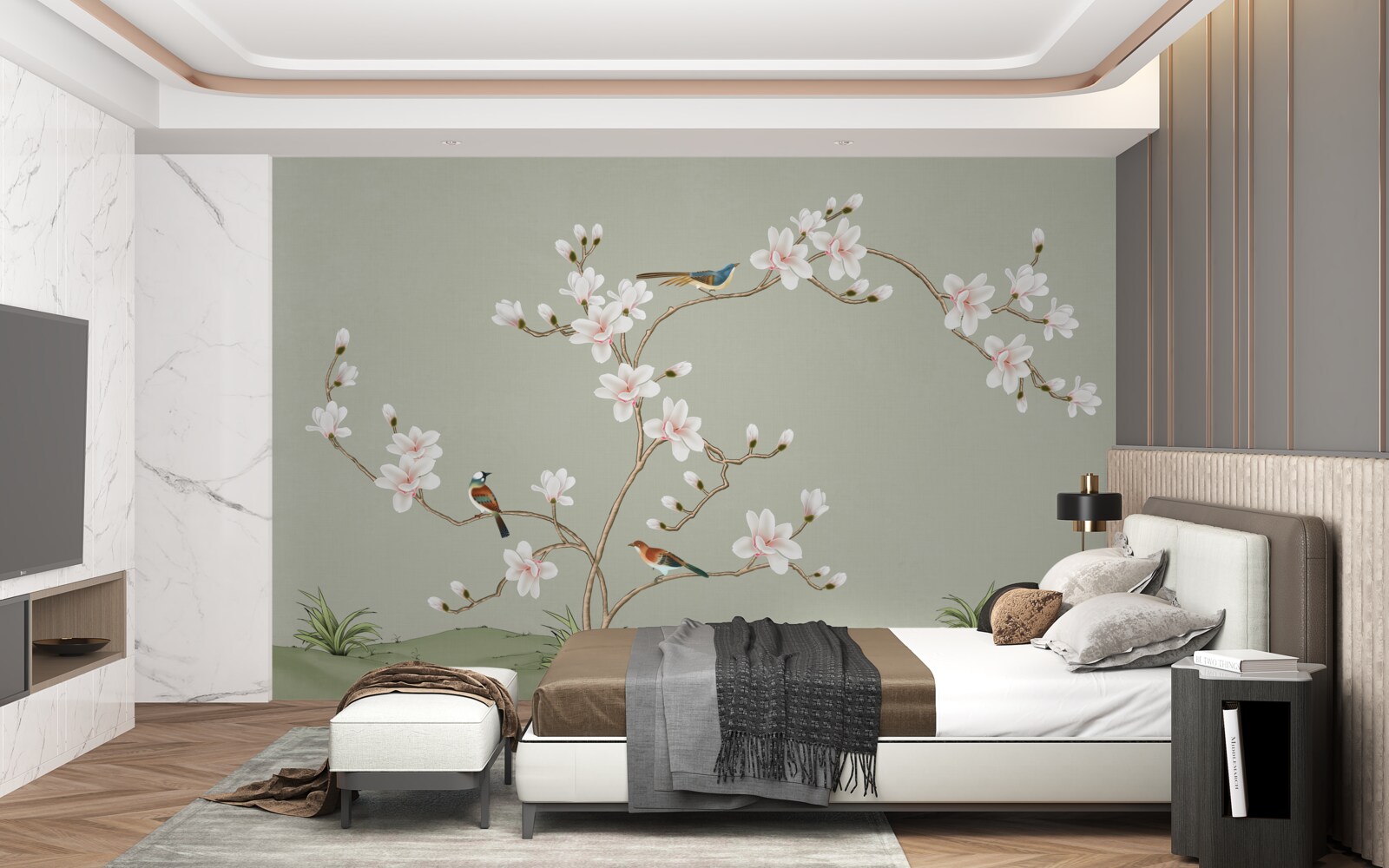 Papier peint arbre élégant décoré de fleurs et entouré d'oiseaux