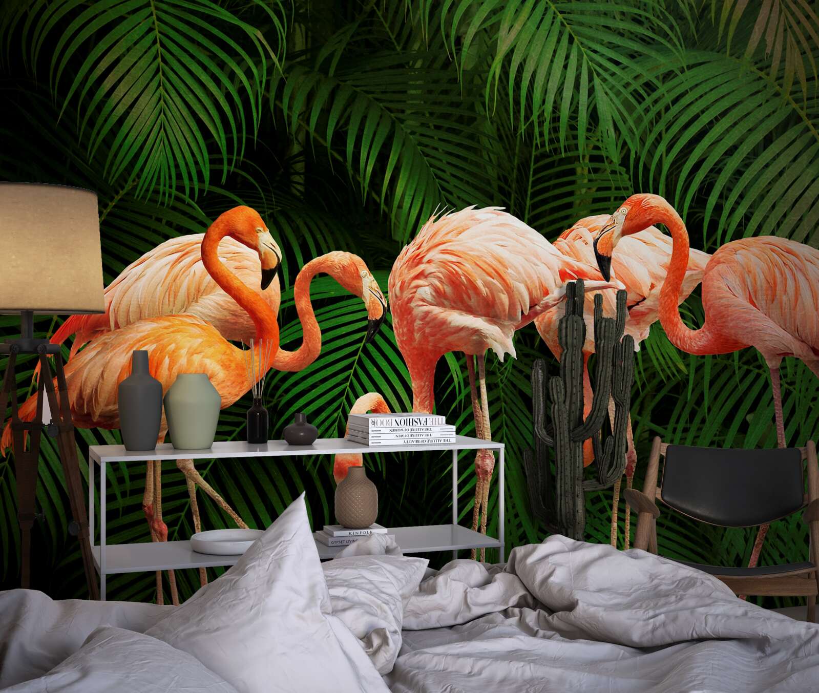 Papier peint flamants roses dans une forêt avec des arbres verts