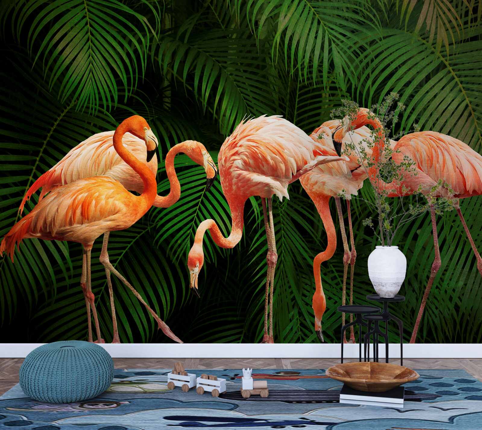 Papier peint flamants roses dans une forêt avec des arbres verts