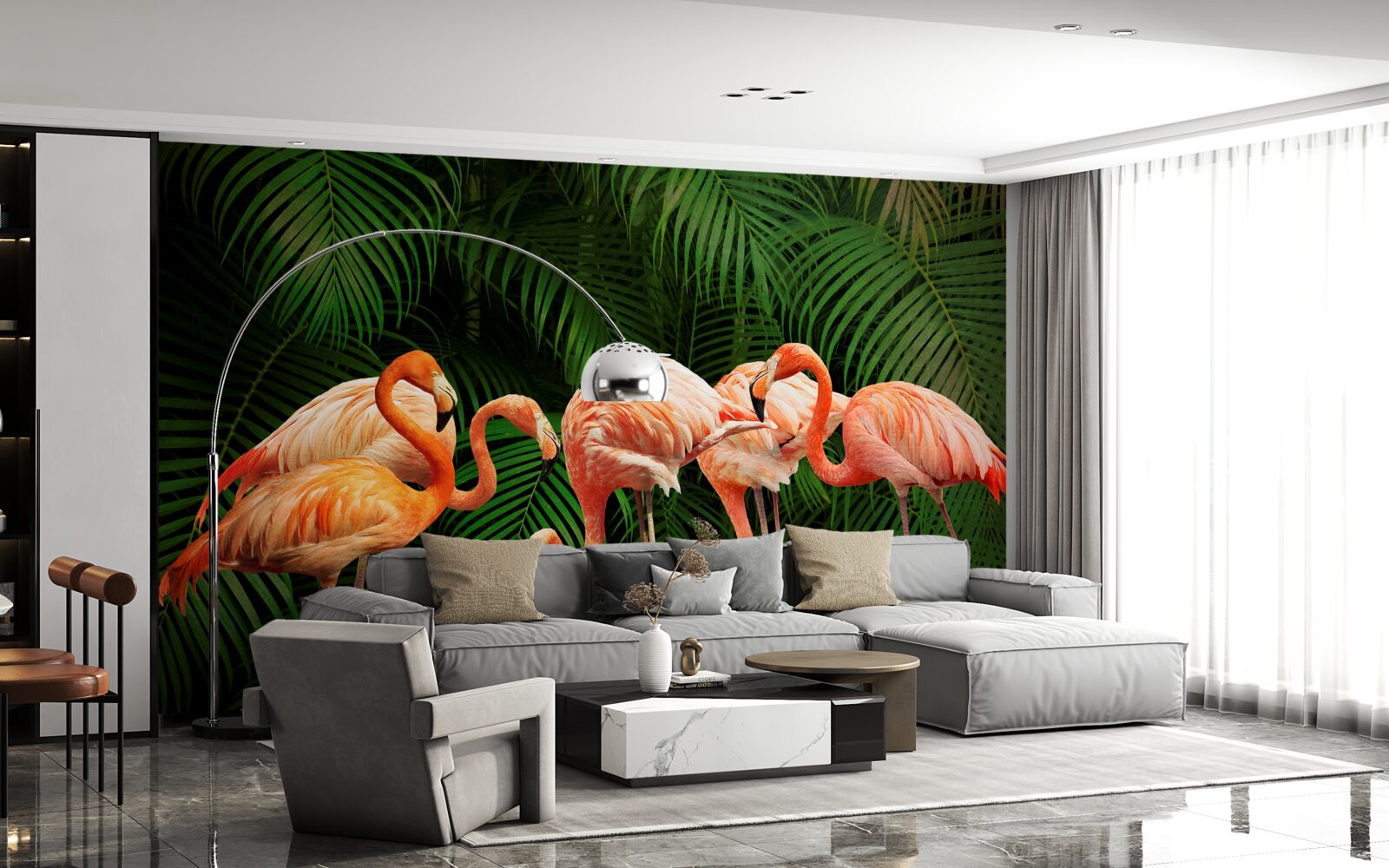 Papier peint flamants roses dans une forêt avec des arbres verts