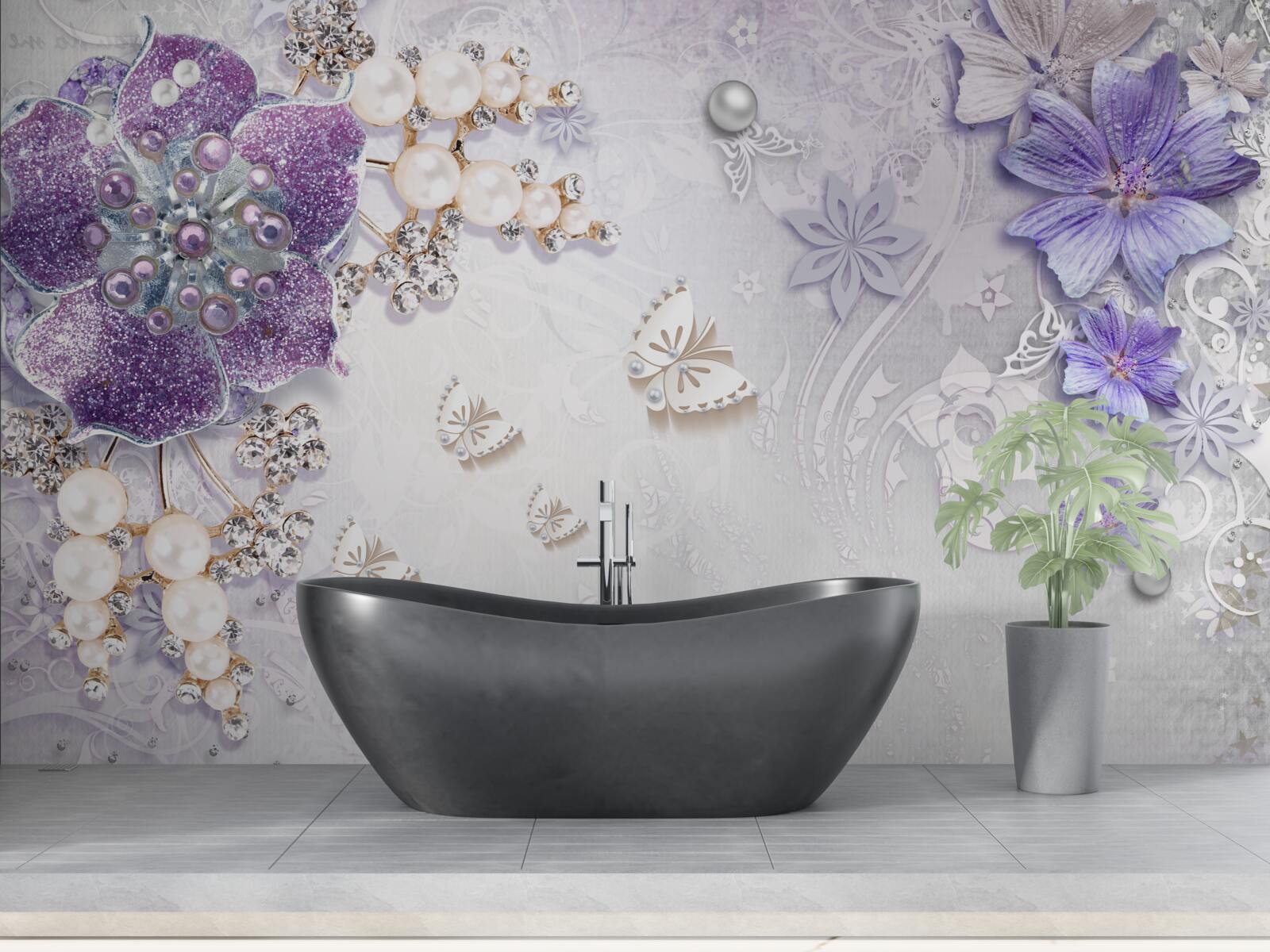 Papier peint orchidée or avec éléments violets et perles