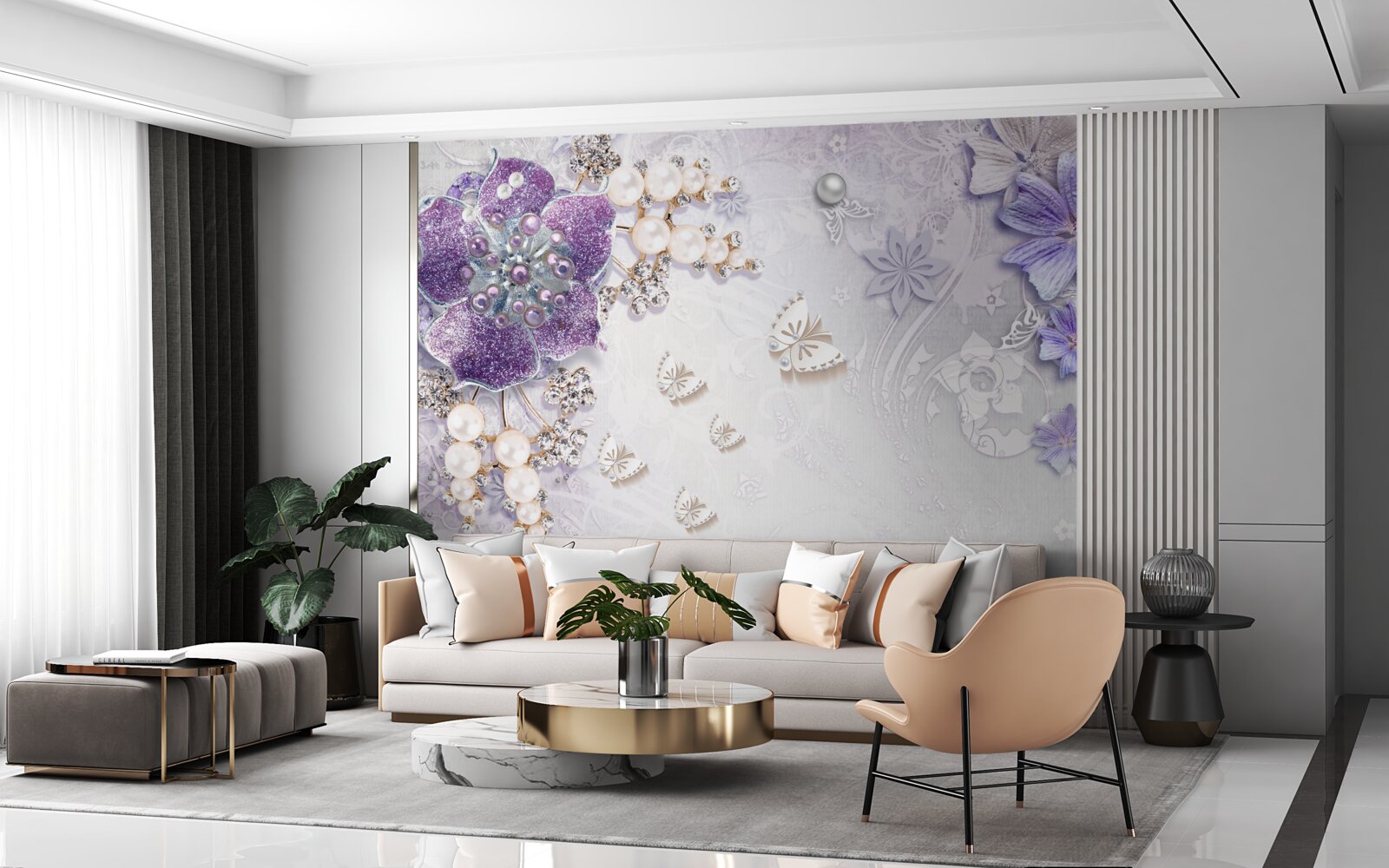 Papier peint orchidée or avec éléments violets et perles