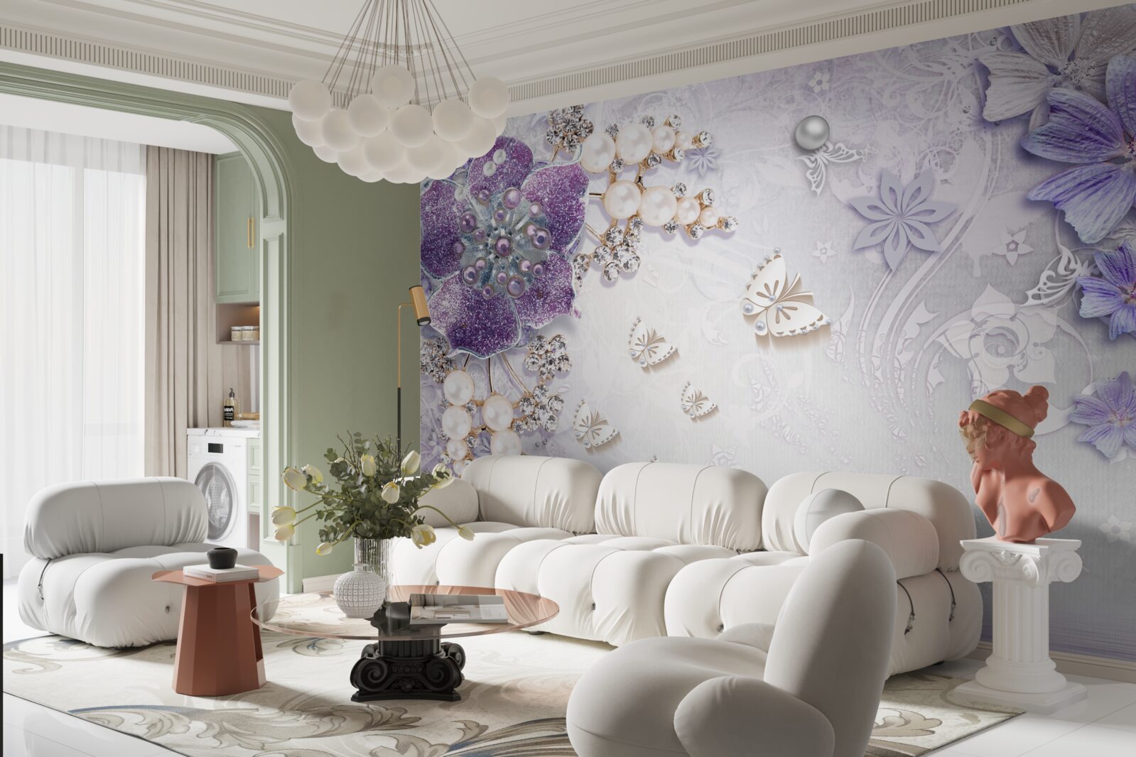 Papier peint orchidée or avec éléments violets et perles