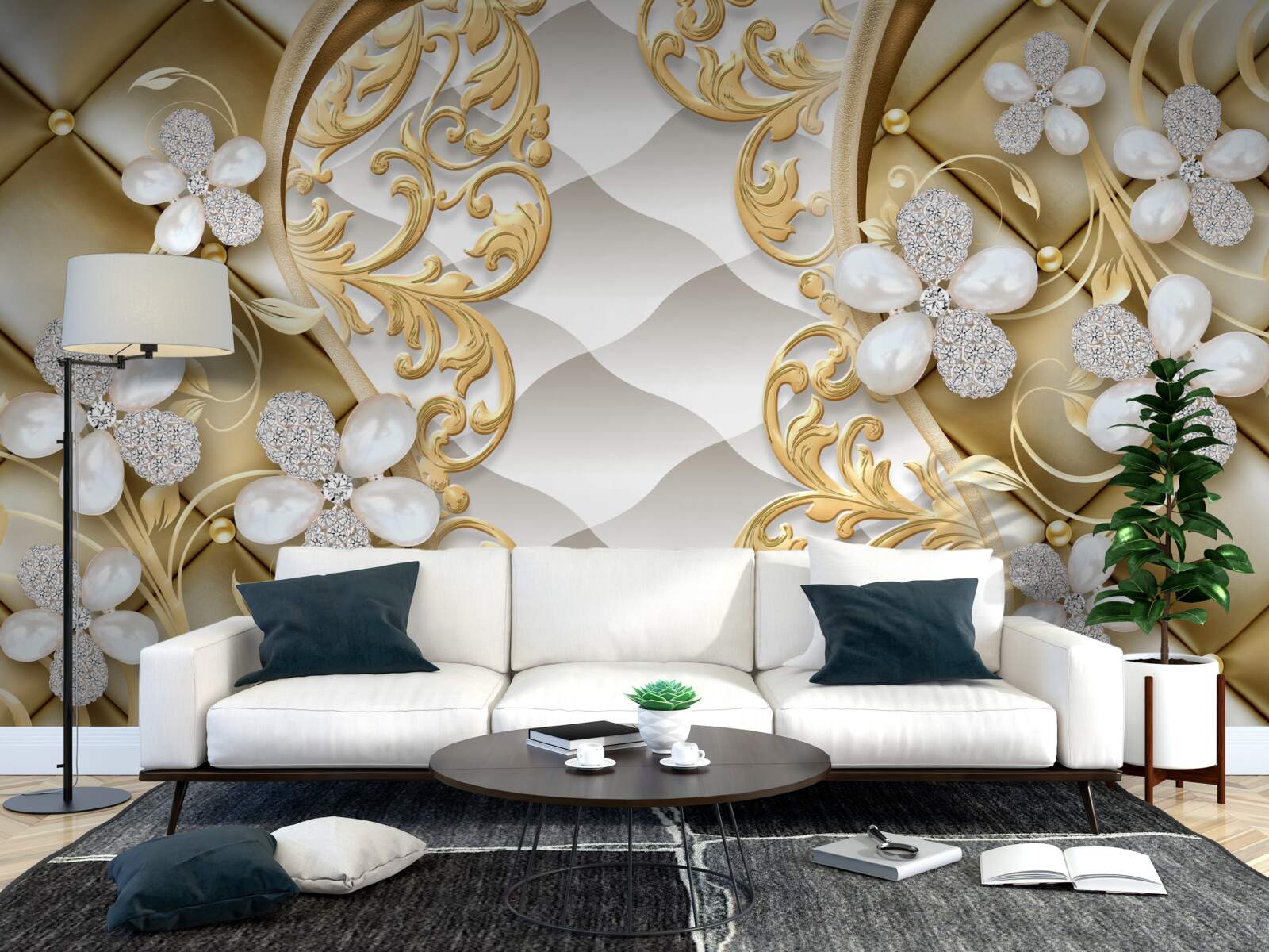 Papier peint bijoux et métal en motifs floraux