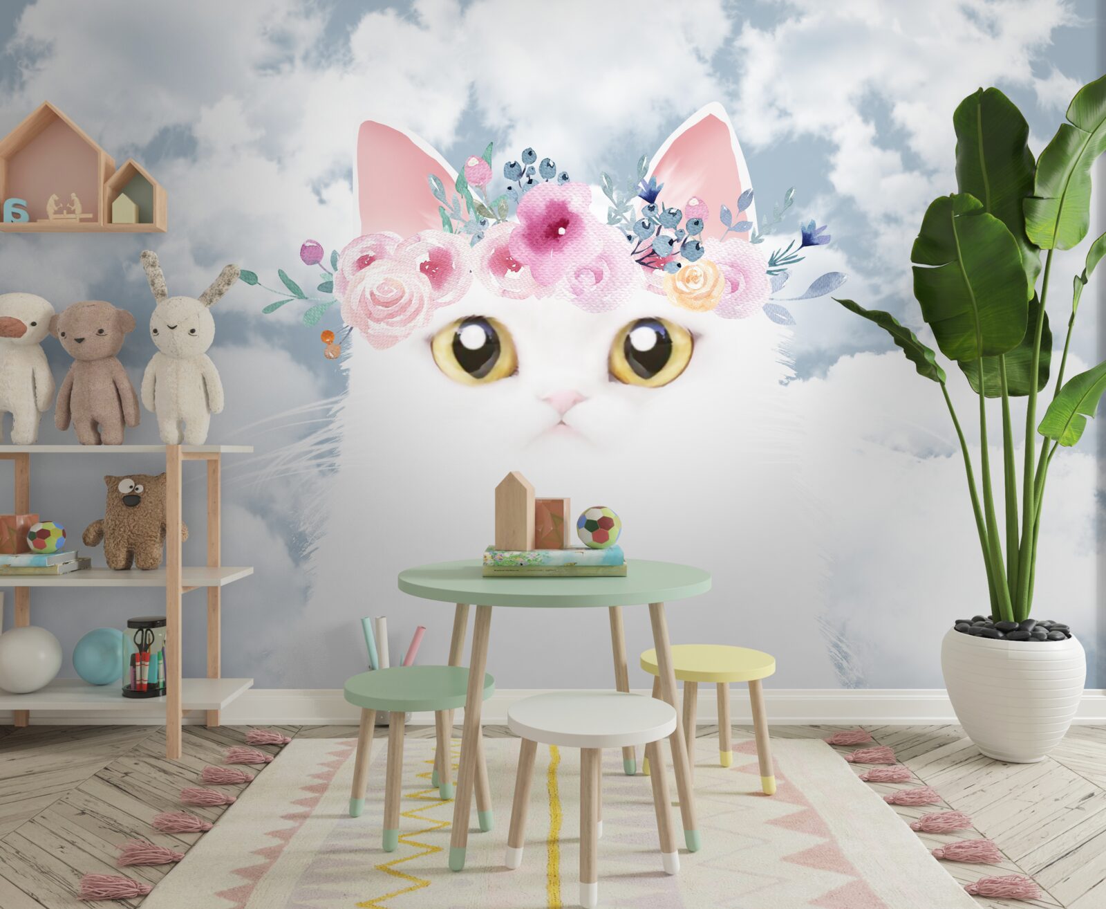 Papier peint chat parmi les fleurs sur un ciel avec des nuages