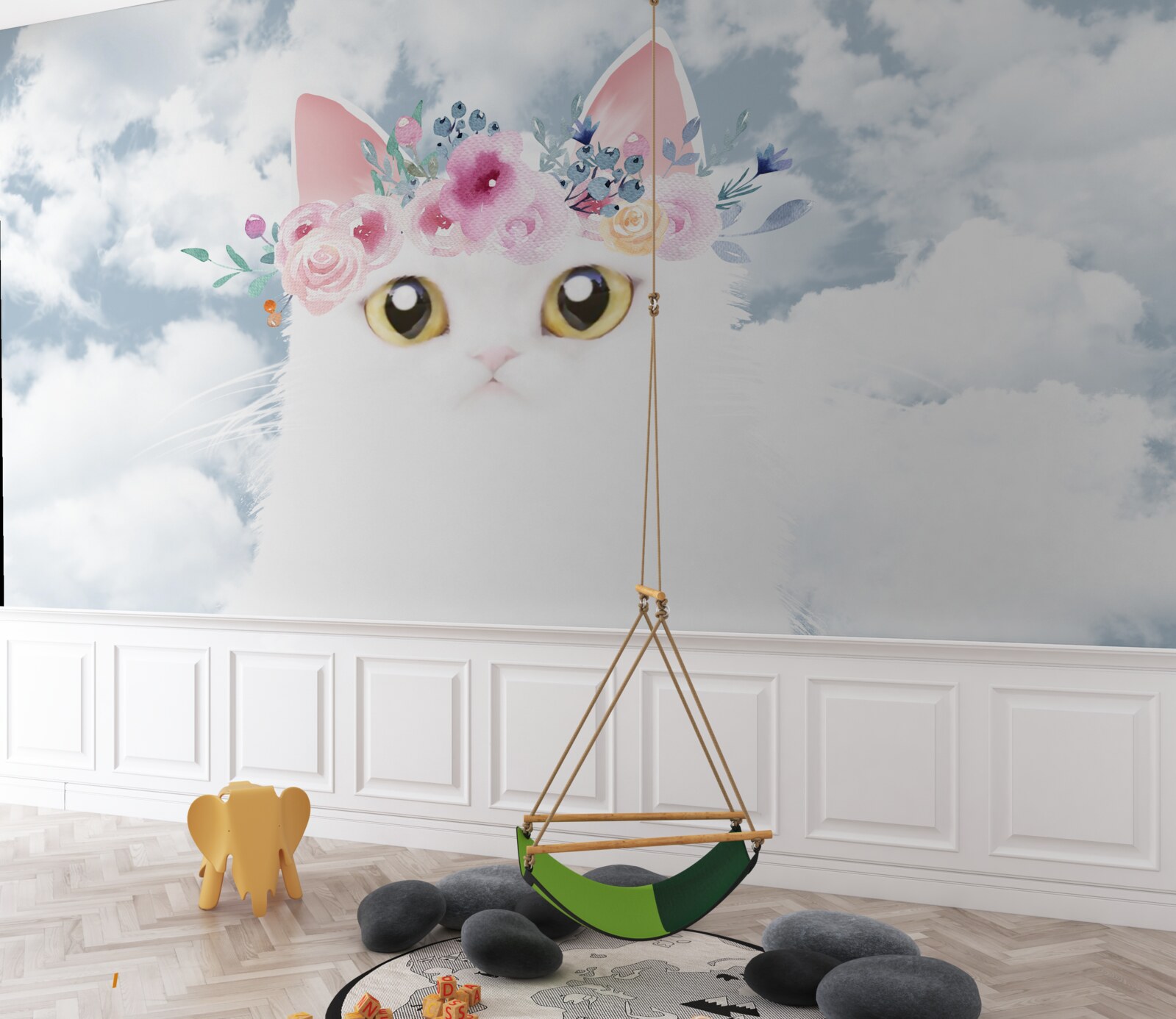 Papier peint chat parmi les fleurs sur un ciel avec des nuages