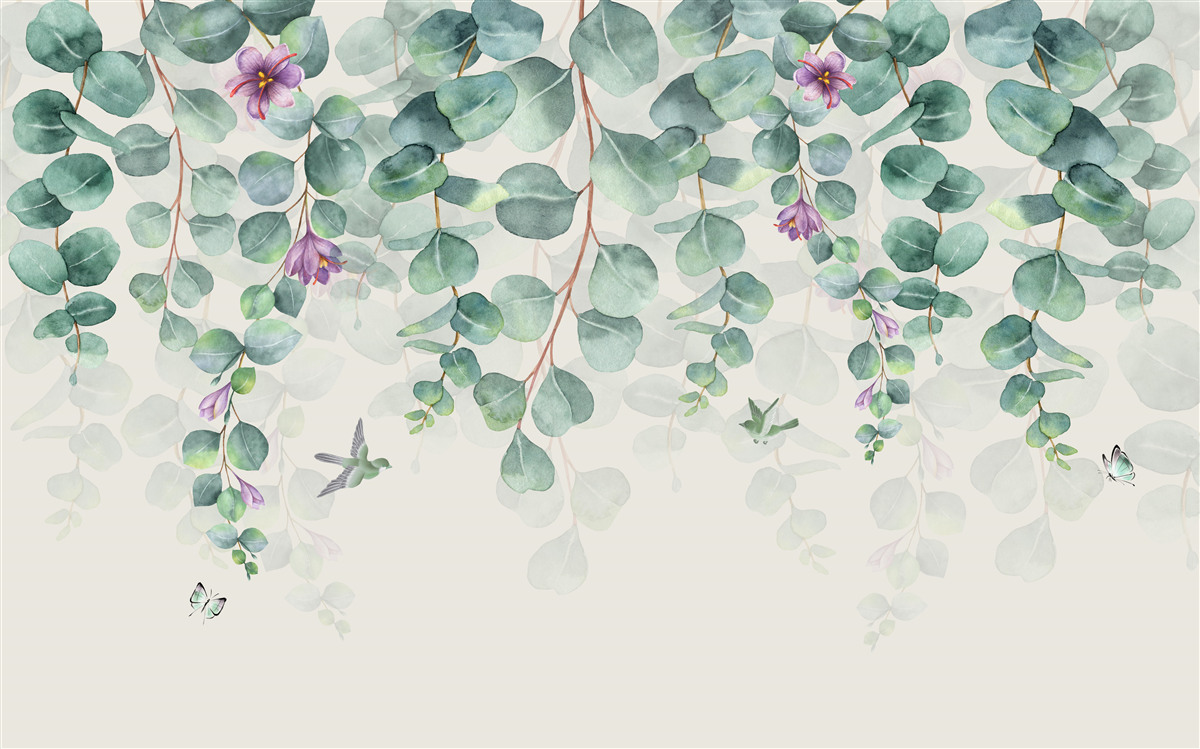 Papier peint eucalyptus en fleurs