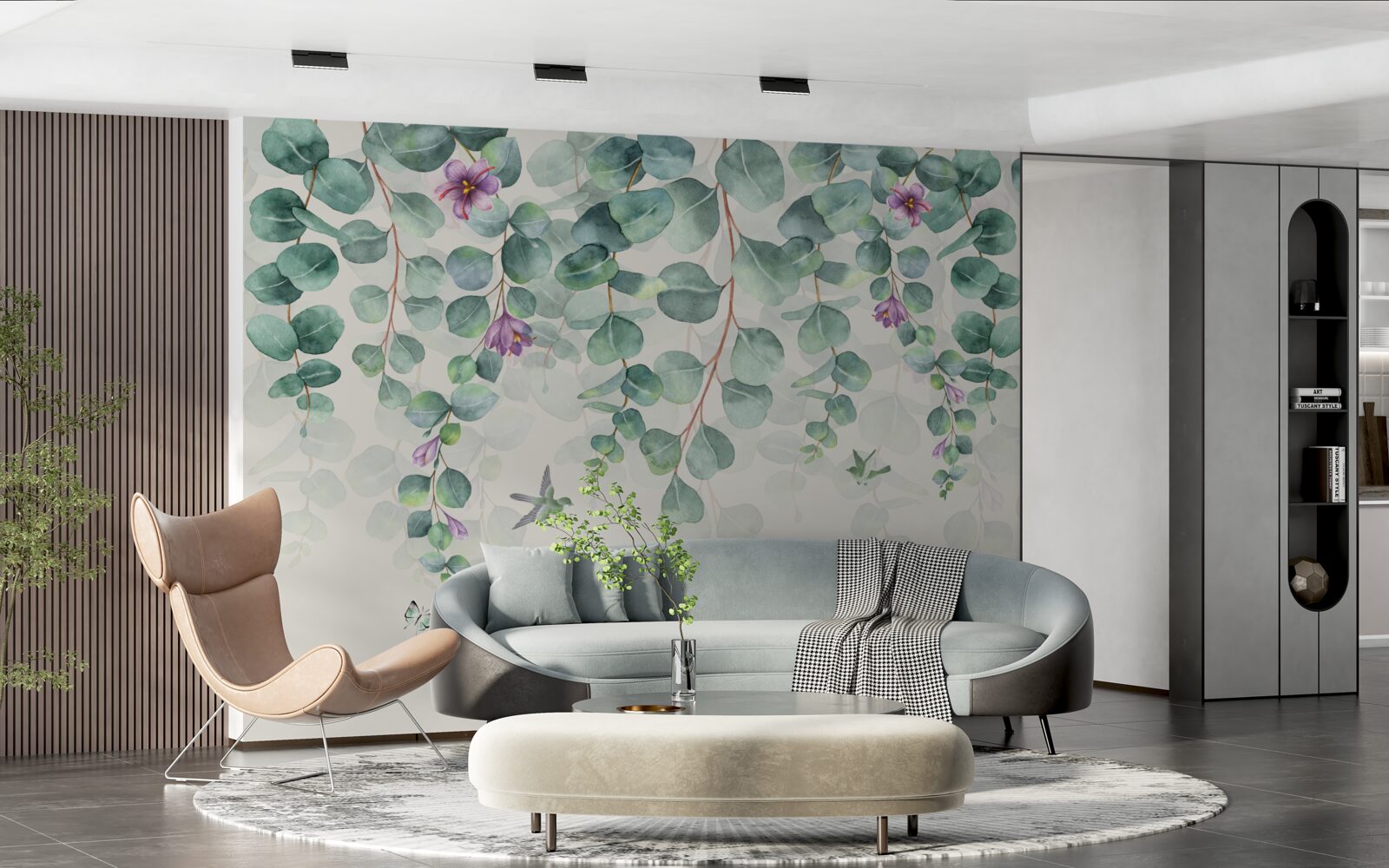 Papier peint eucalyptus en fleurs