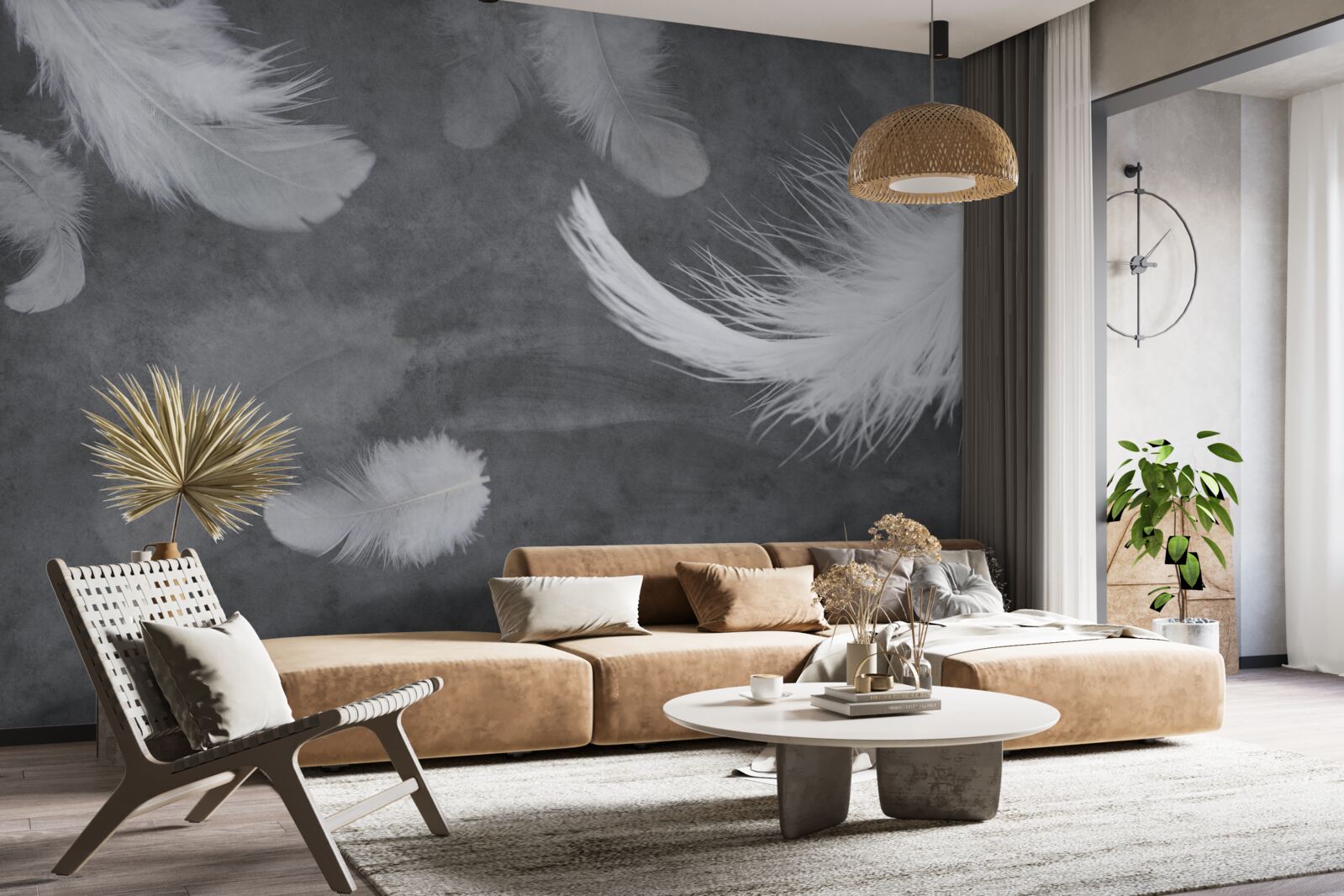 Papier peint Plumes blanches comme neige, densément dispersées sur un fond gris