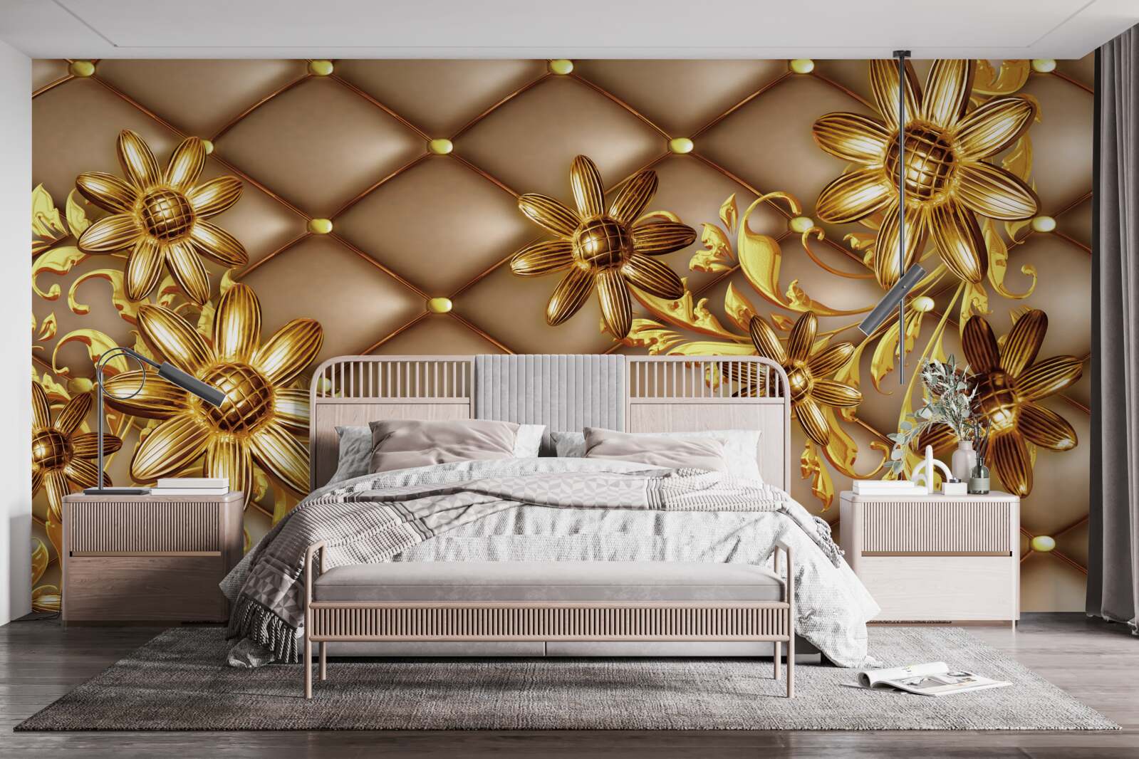 Papier peint fleurs dorées sur tissu