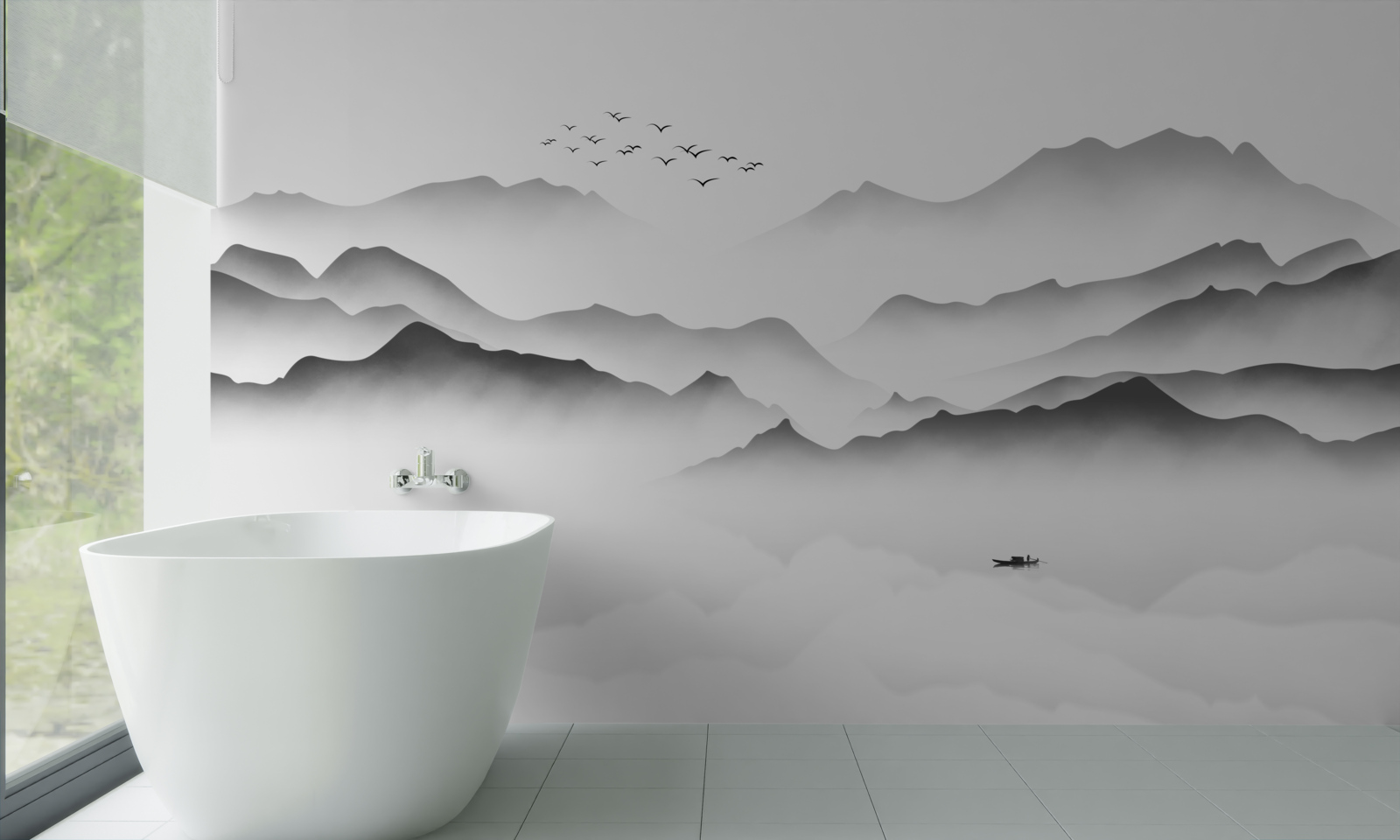 Papier peint une matinée au bord de la rivière, enveloppée de brume