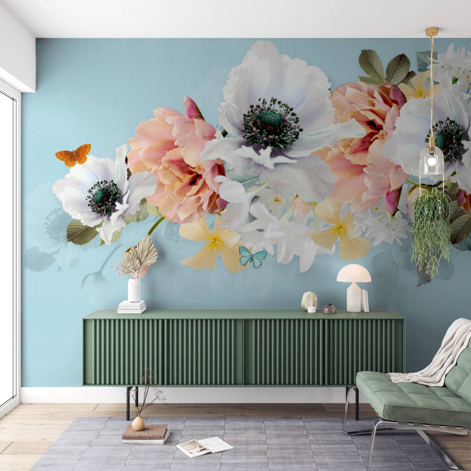 Papier peint bouquet de coquelicots blancs et autres fleurs