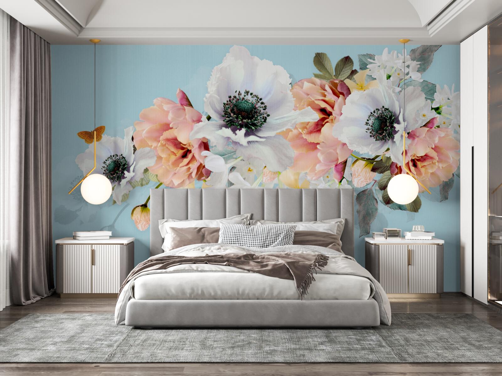 Papier peint bouquet de coquelicots blancs et autres fleurs