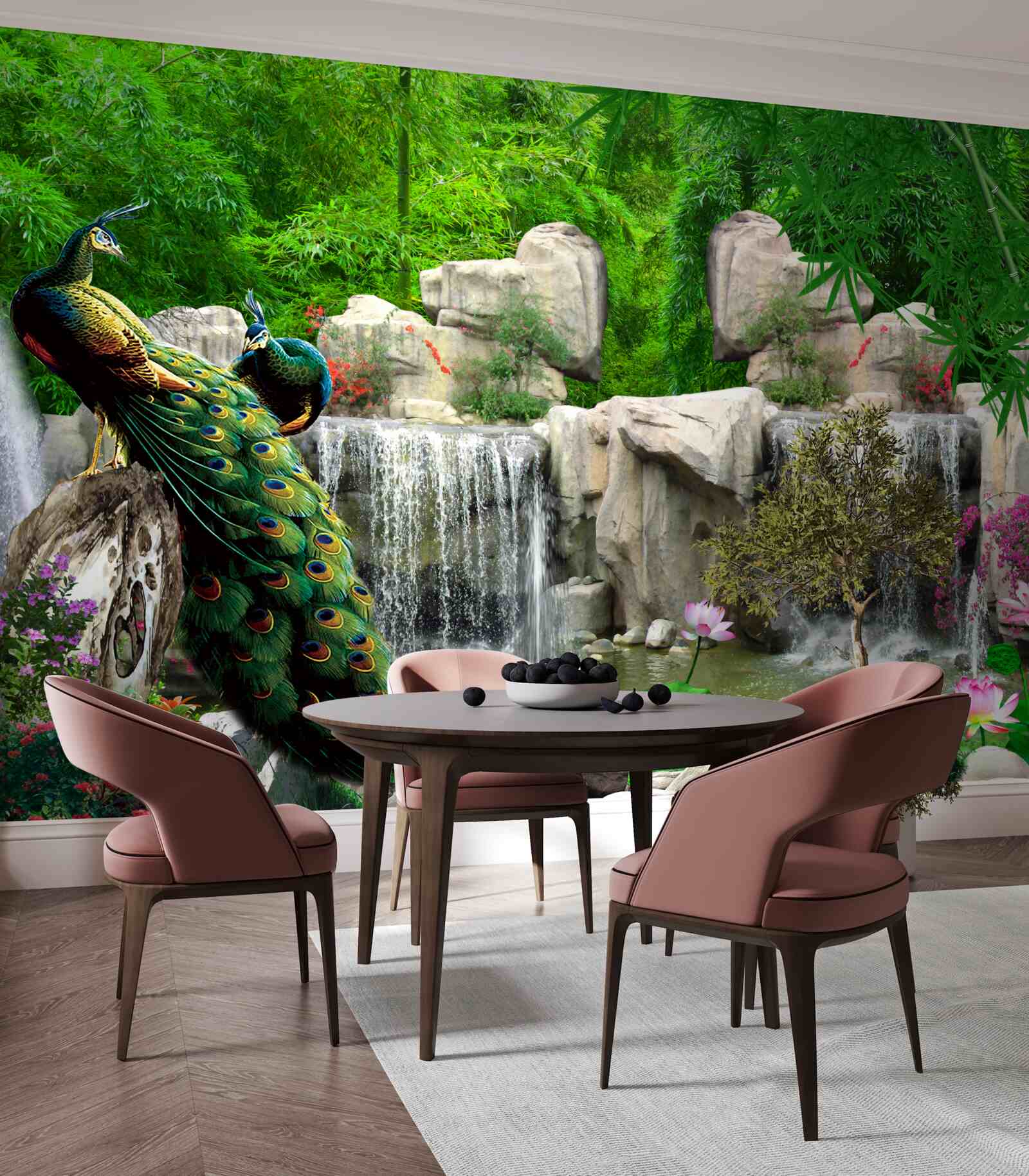 Papier peint paons se reposant près d'une cascade