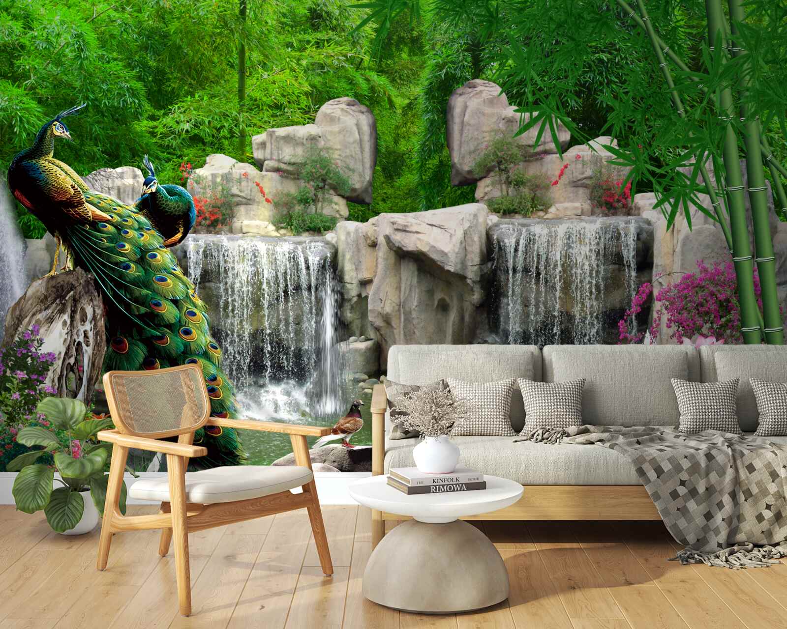 Papier peint paons se reposant près d'une cascade