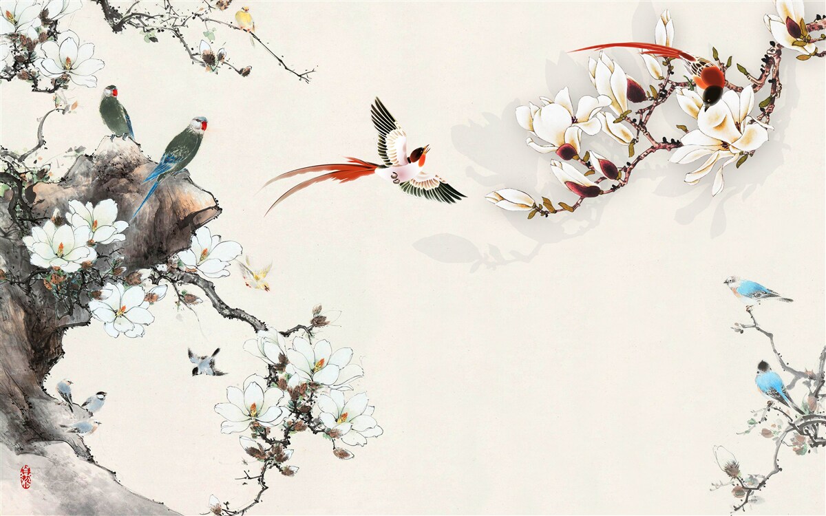Papier peint les oiseaux se réjouissent parmi les fleurs