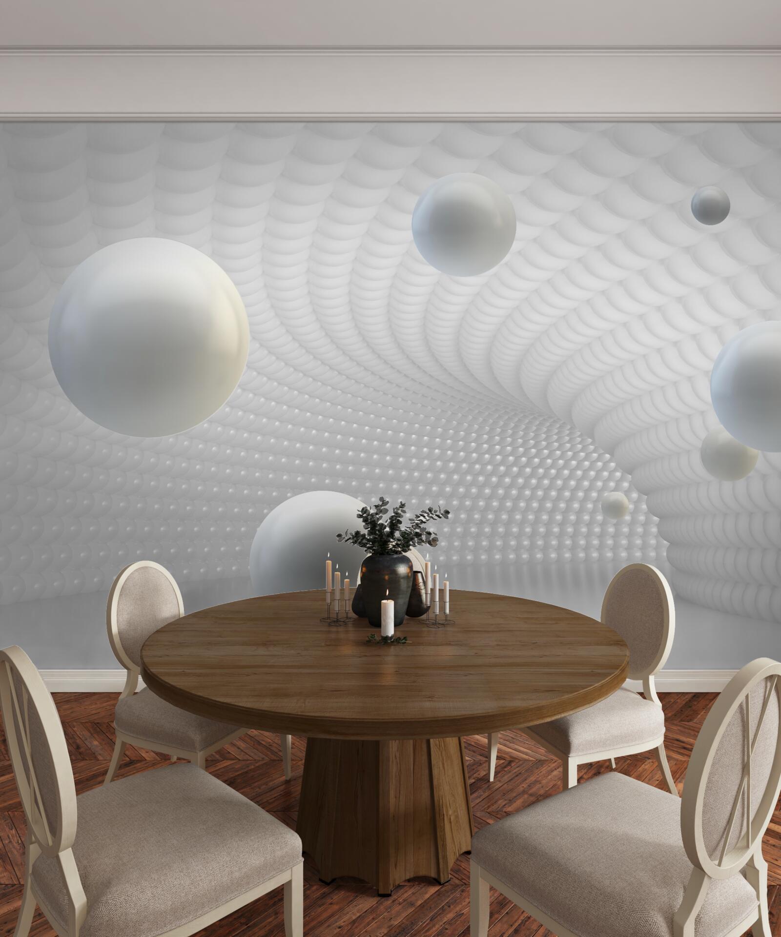 Papier peint boules blanches flottantes dans le couloir